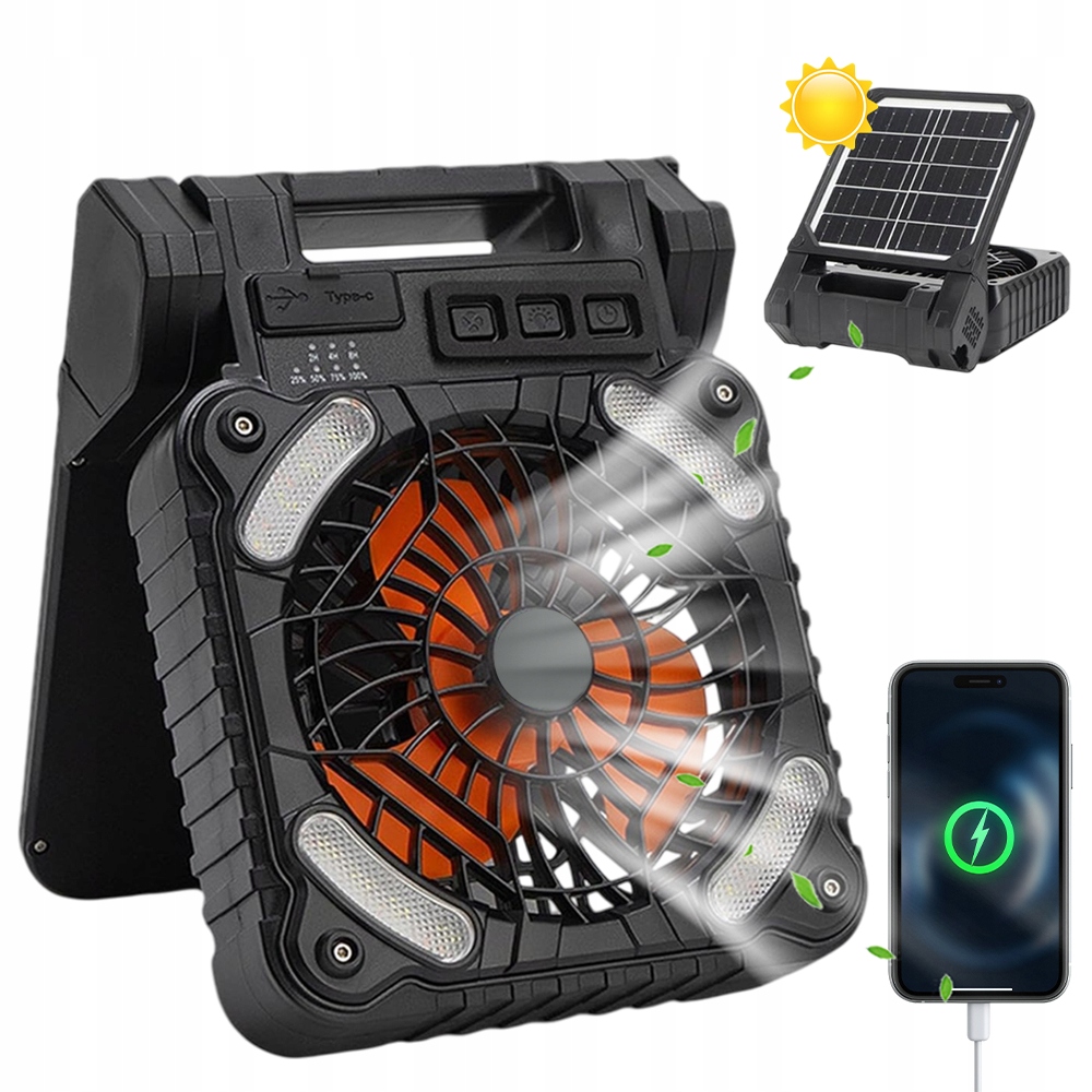 Solární Ventilátor Svítilna Turistický Větrák Kempingová Powerbanka 6000 mAh