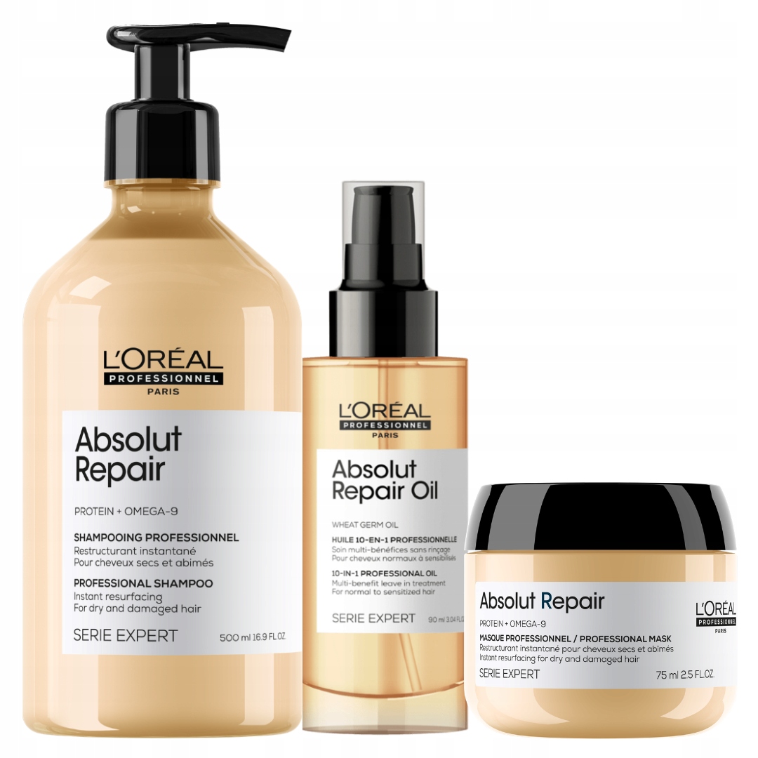Loreal Absolut Repair zestaw do włosów zniszczonych szampon olejek