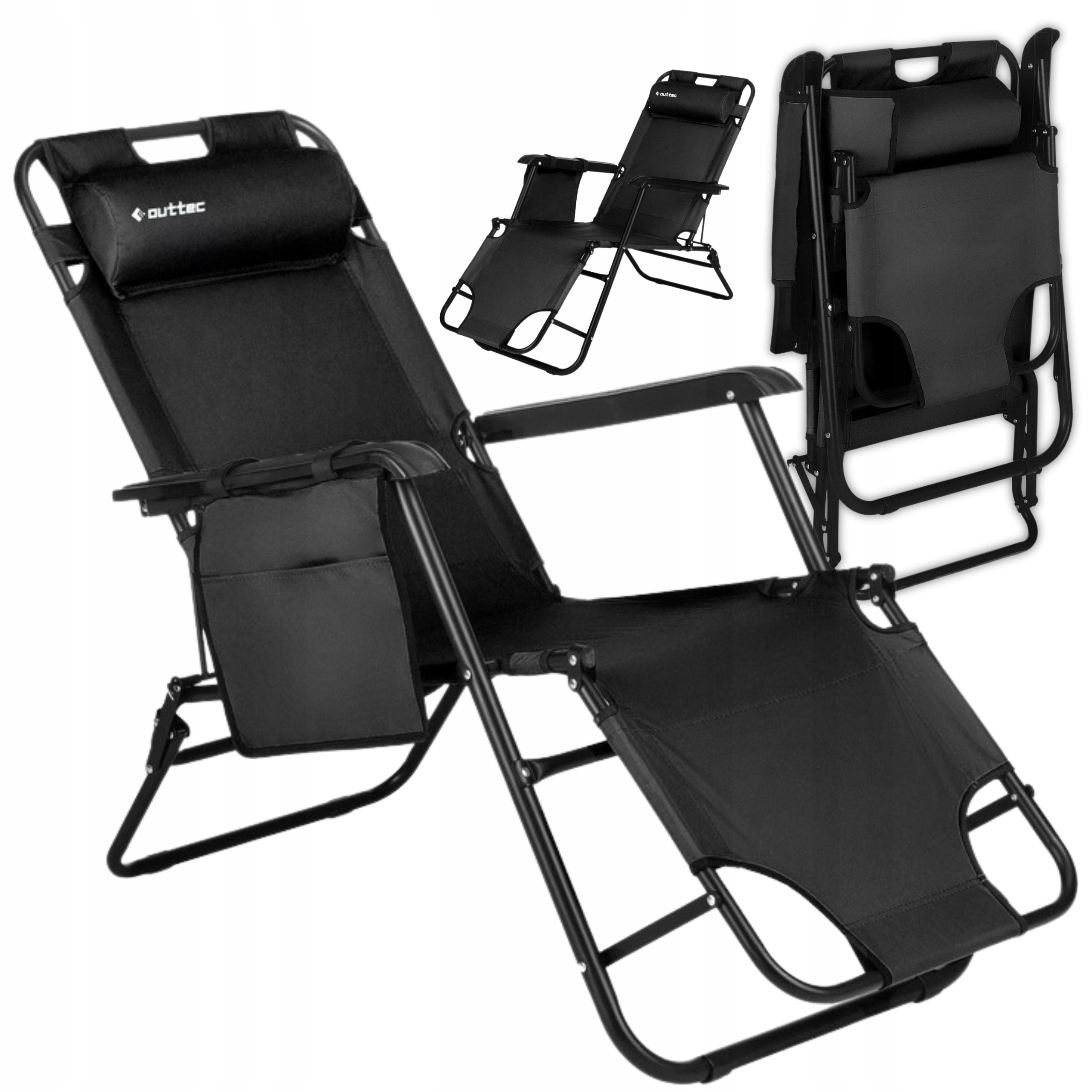 Silné Skladacie Plážové Záhradné Ležadlo Vankúš 150 Kg, Odolné, Čierne