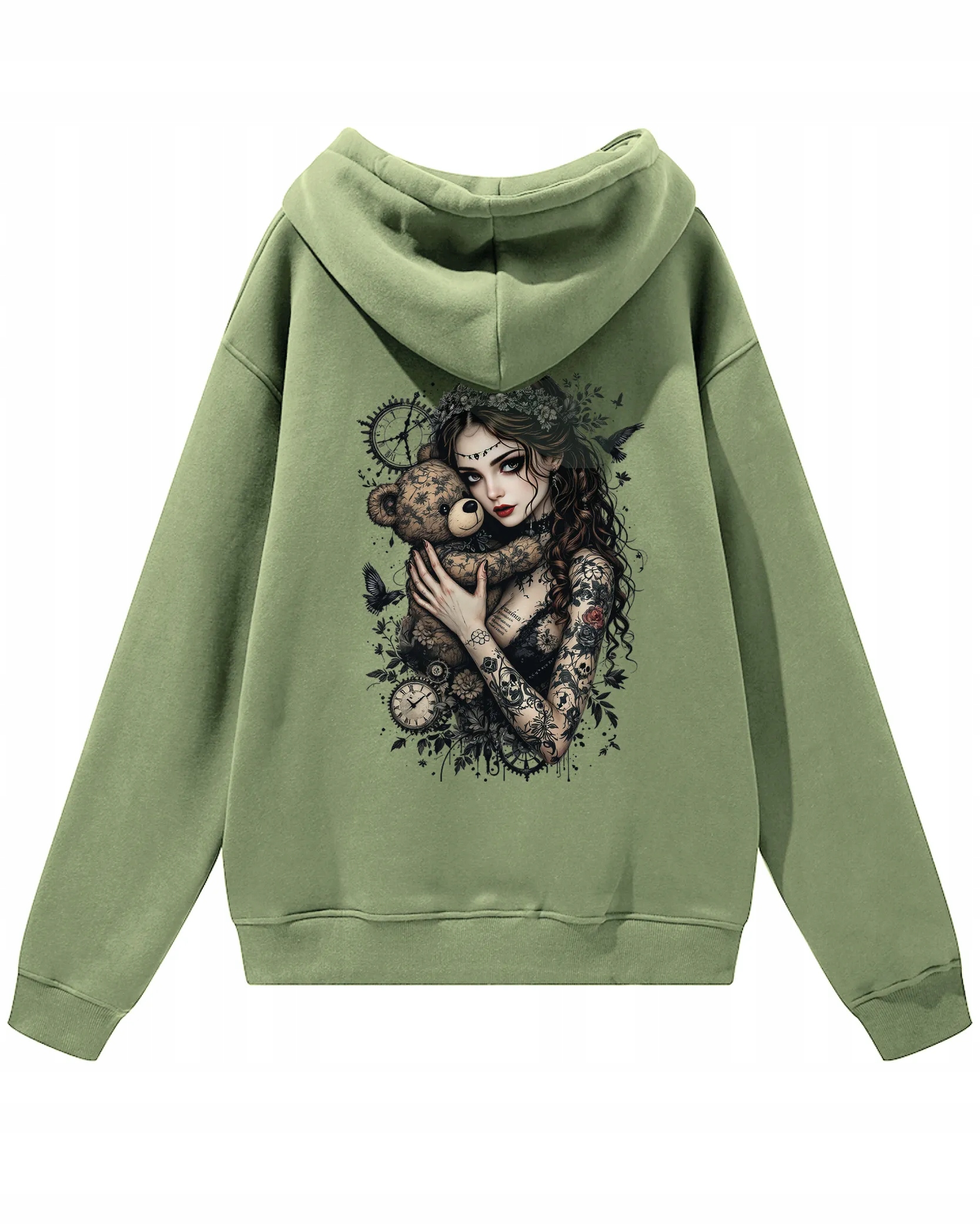Dívčí Oversize mikina s kapucí s kapucí a medvídkem v gotickém stylu, olivová, velikost M