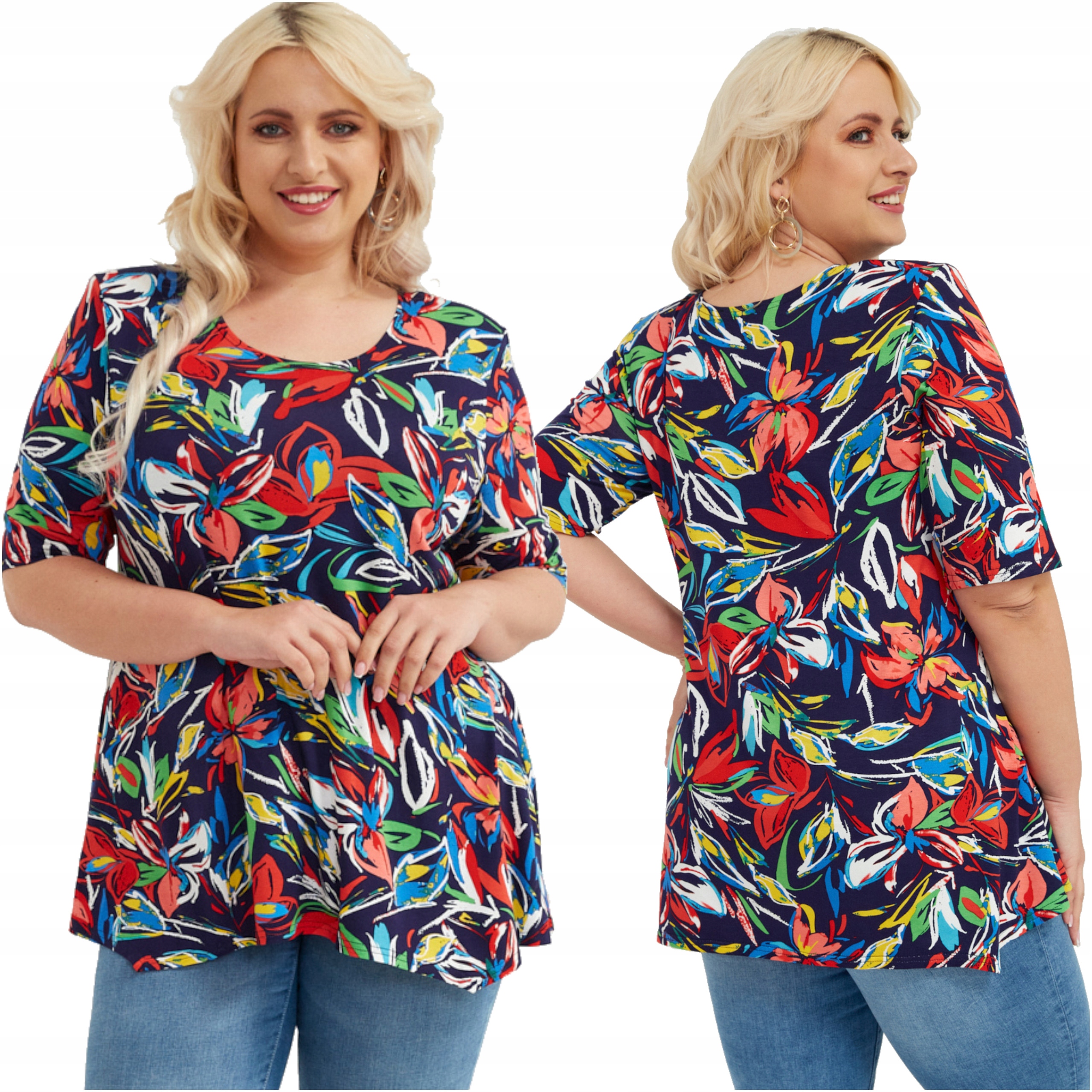 

Tunika Damska w Liście Bluzka Luźna Plus Size Wzór