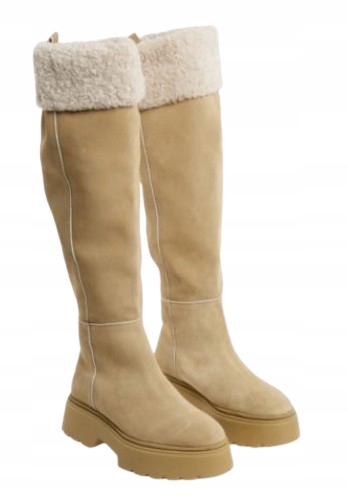 Zara Béžové Kozačky Za Koleno S Kožíškem Na Platformě 39 3CE