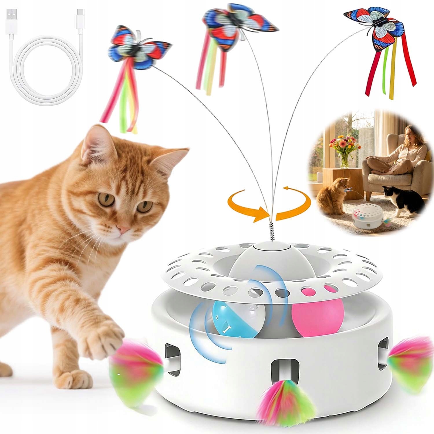 Interaktivní Hračka Pro Kočky 3V1 Bezpečná A Odolná Z Peří, Motýlů, Míčků