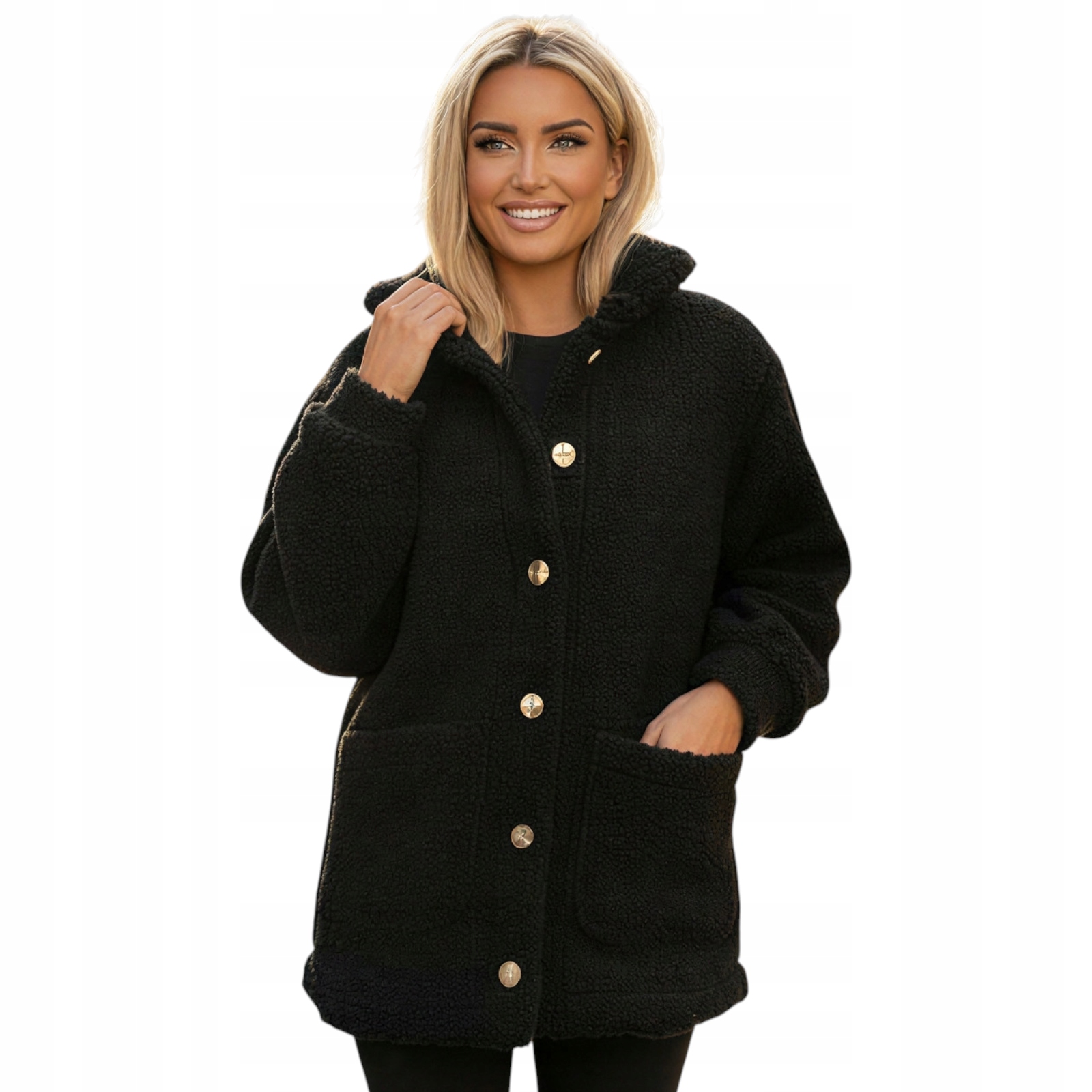 Černá teddyová bunda „medvídek“ s kapsami, teplá, měkká, se zapínáním na knoflíky