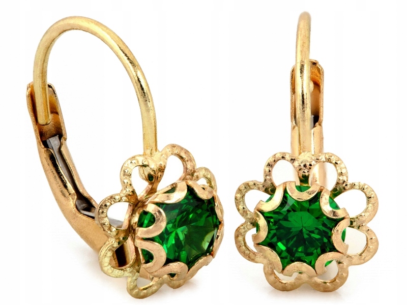 Zlaté náušnice 585 s prolamovanou květinou a zeleným zirkonem pro dívku