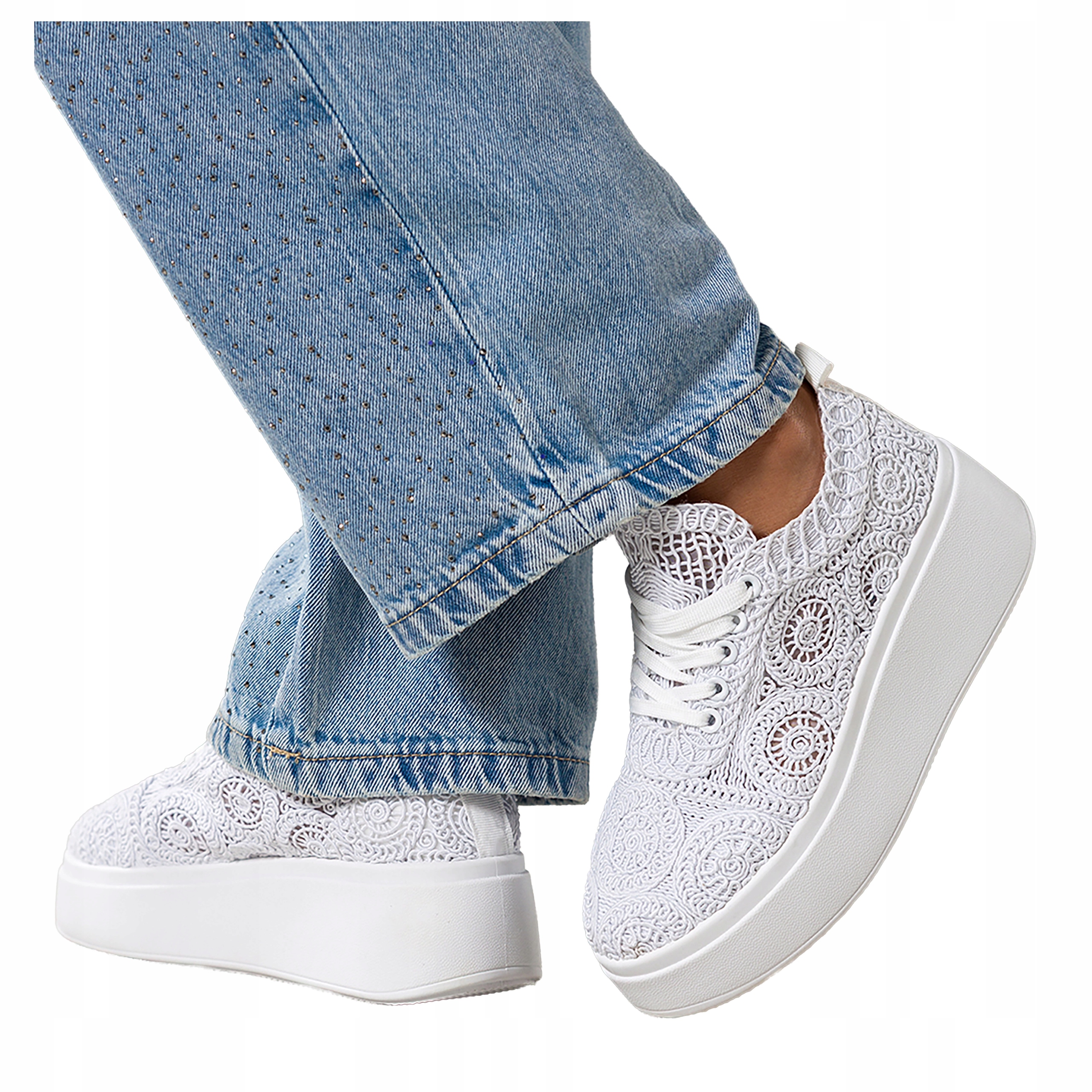 Białe Sneakersy Damskie Sznurowane Koronkowe Na Platformie Creepersy r 38