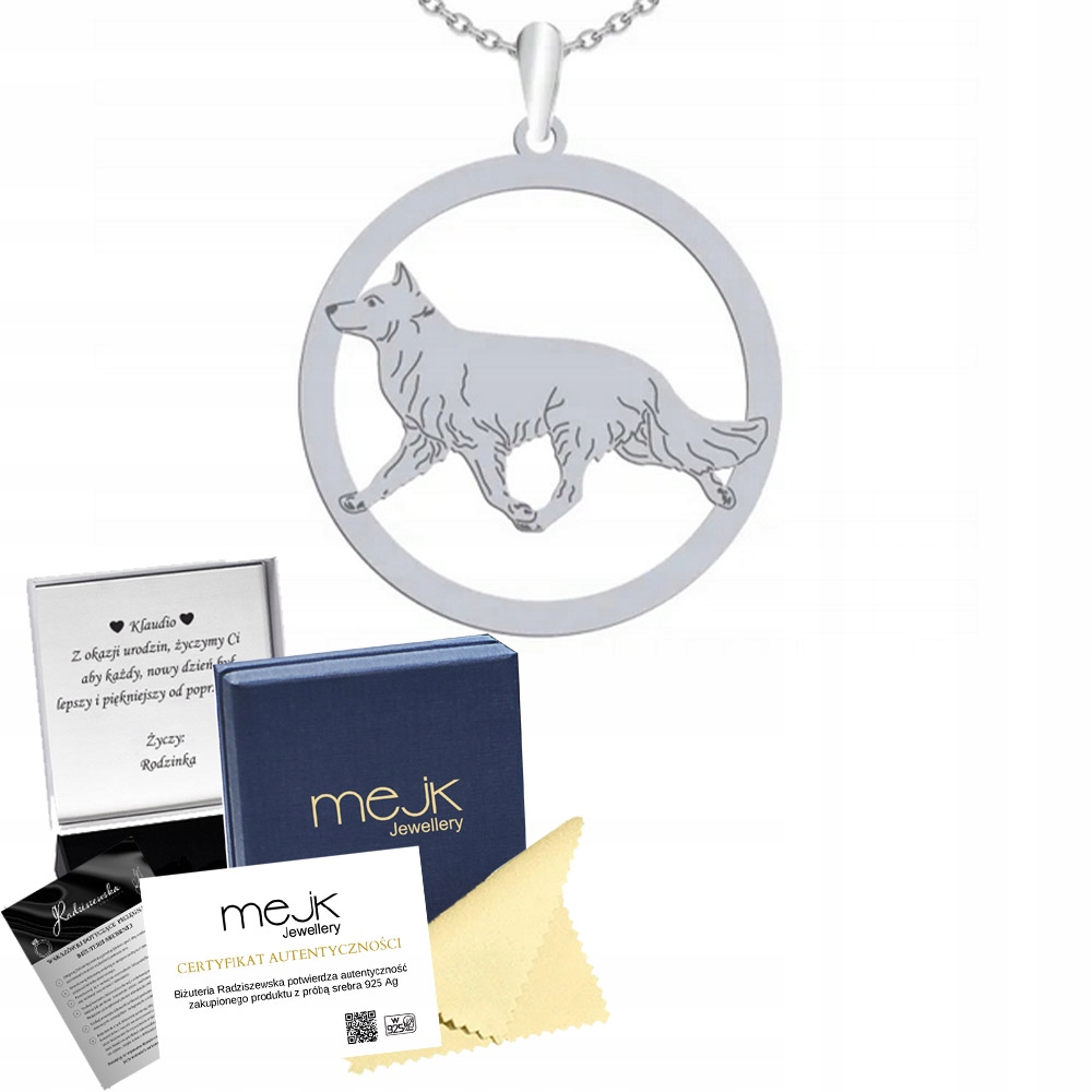 Stříbrný náhrdelník Bílý švýcarský ovčák 925 Šperky Gravírování Bonus