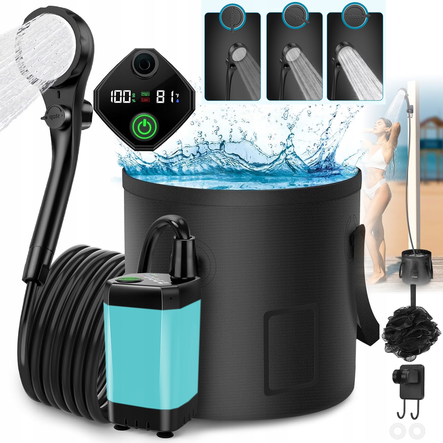 Prysznic Turystyczny Kempingowy Na Akumulator 6000MAH Składane Wiadro 20 L