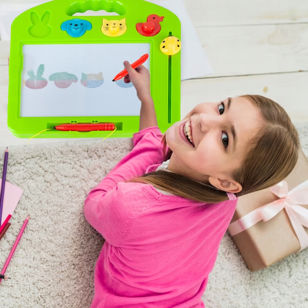 Znikopis Tablica Magnetyczna z Długopisem KOLOROWE RYSUNKI + 4 Pieczątki Wiek dziecka 3 lata +