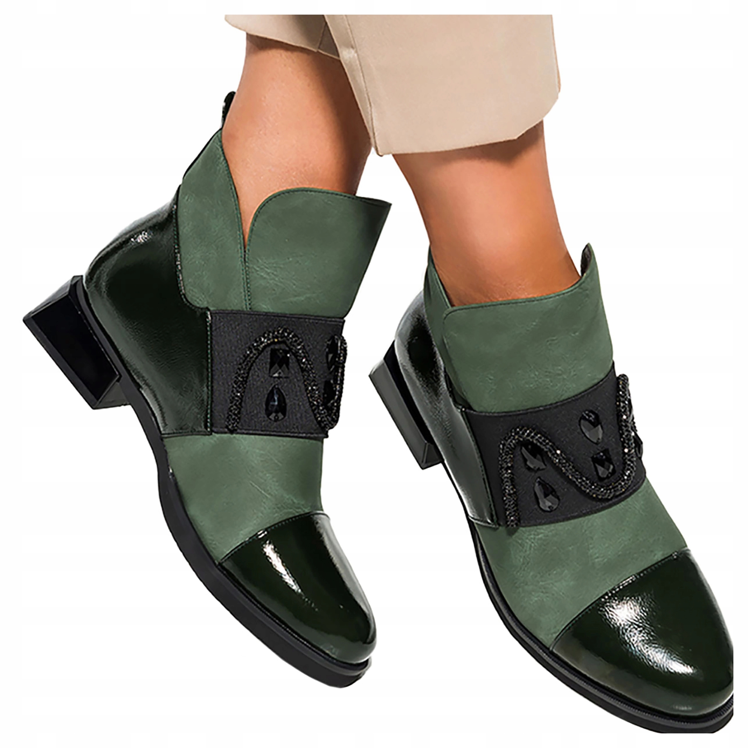 Zelené Dámské Kotníkové Boty Módní Geomatrická Guma S Krystaly, velikost 36