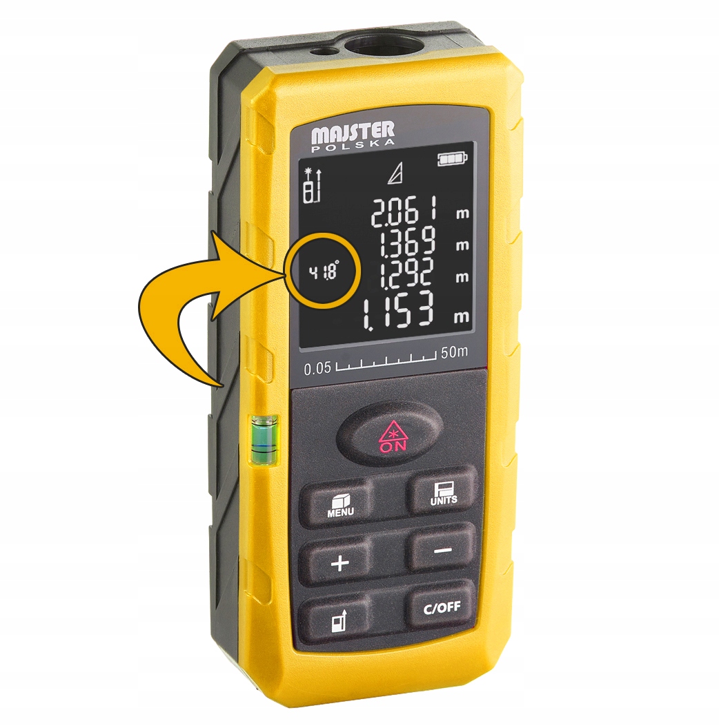 DALMIERZ LASEROWY MIERNIK ODLEGŁOŚCI CYFROWY 50M POZIOMICA KĄTOMIERZ GOLD Marka Majster Polska