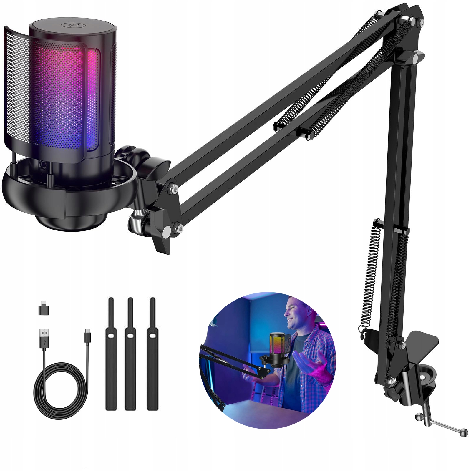 Usb Mikrofon S Rgb Světelnými Efekty S Držákem A 3* Suchým Zipem