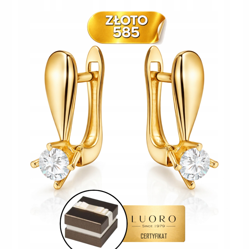 Náušnice Zlaté 585 14K Centrální Zirkon 1,4 CM Krabička Dárek