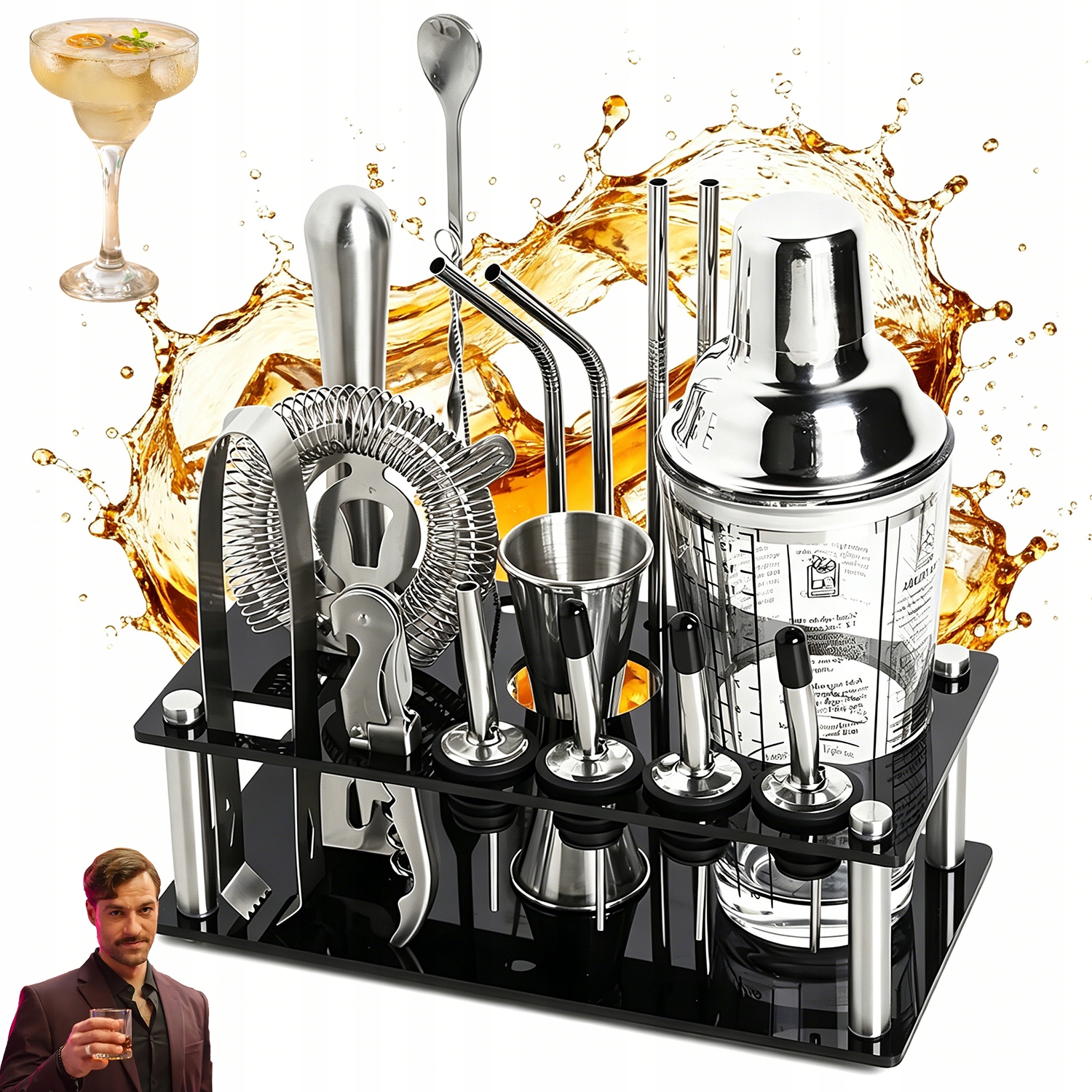 Barmanský Set Koktejlový Šejkr 400ML Ocel Sklo Příslušenství