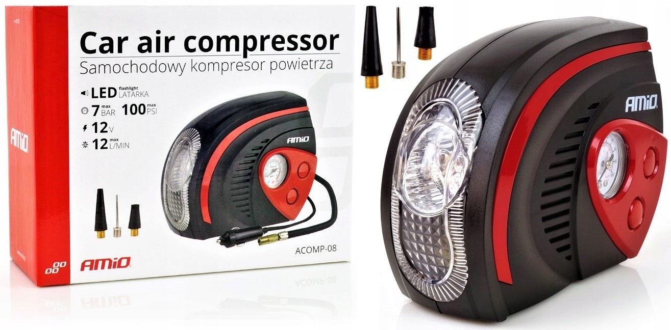 KOMPAKTOWY KOMPRESOR POMPKA Z LATARKĄ LED 12V AMIO