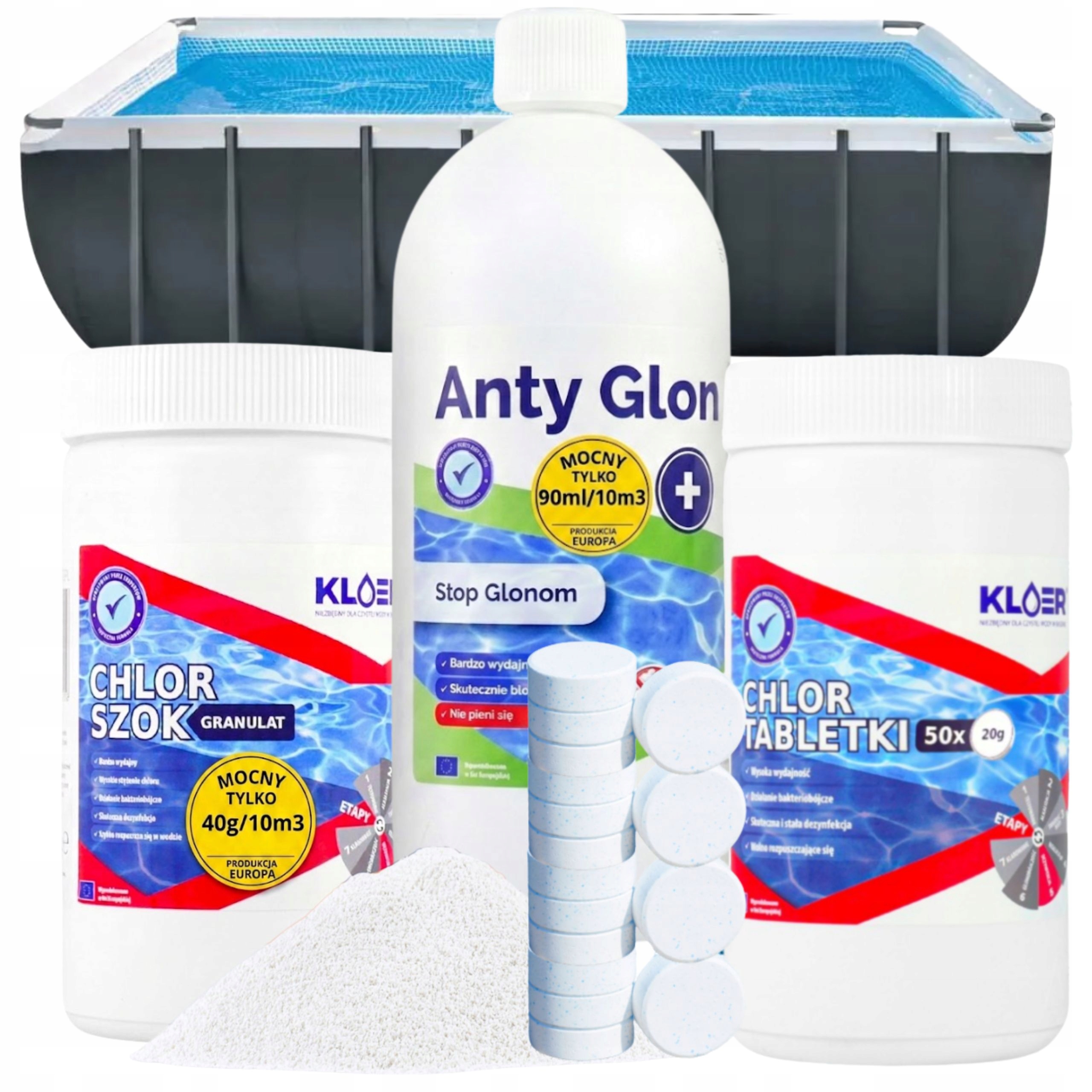 Zestaw chemii basenowej 3w1 KLOER: chlor szok, anty glon, tabletki