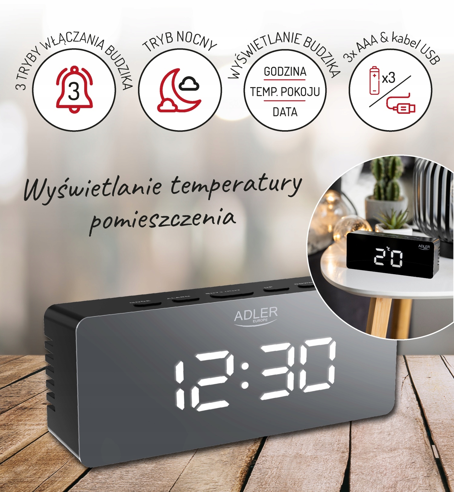 Budzik AD 1189 Black z Wyświetlaczem Temperatury i 3 Trybami Alarmu