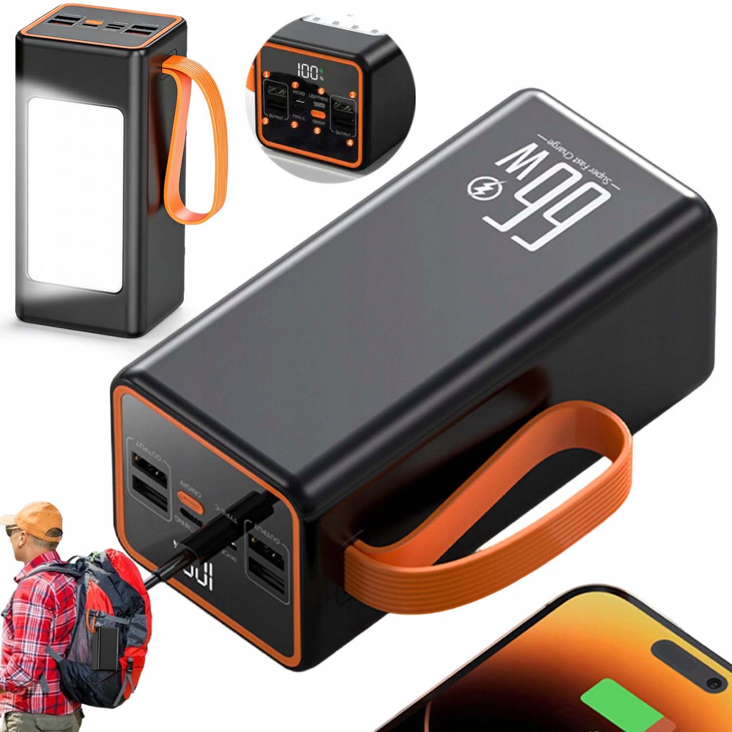 Výkonná Powerbanka 50000MAH Pd 20W S Led 5 Zařízení, Svítilna, Přenosné Napájení