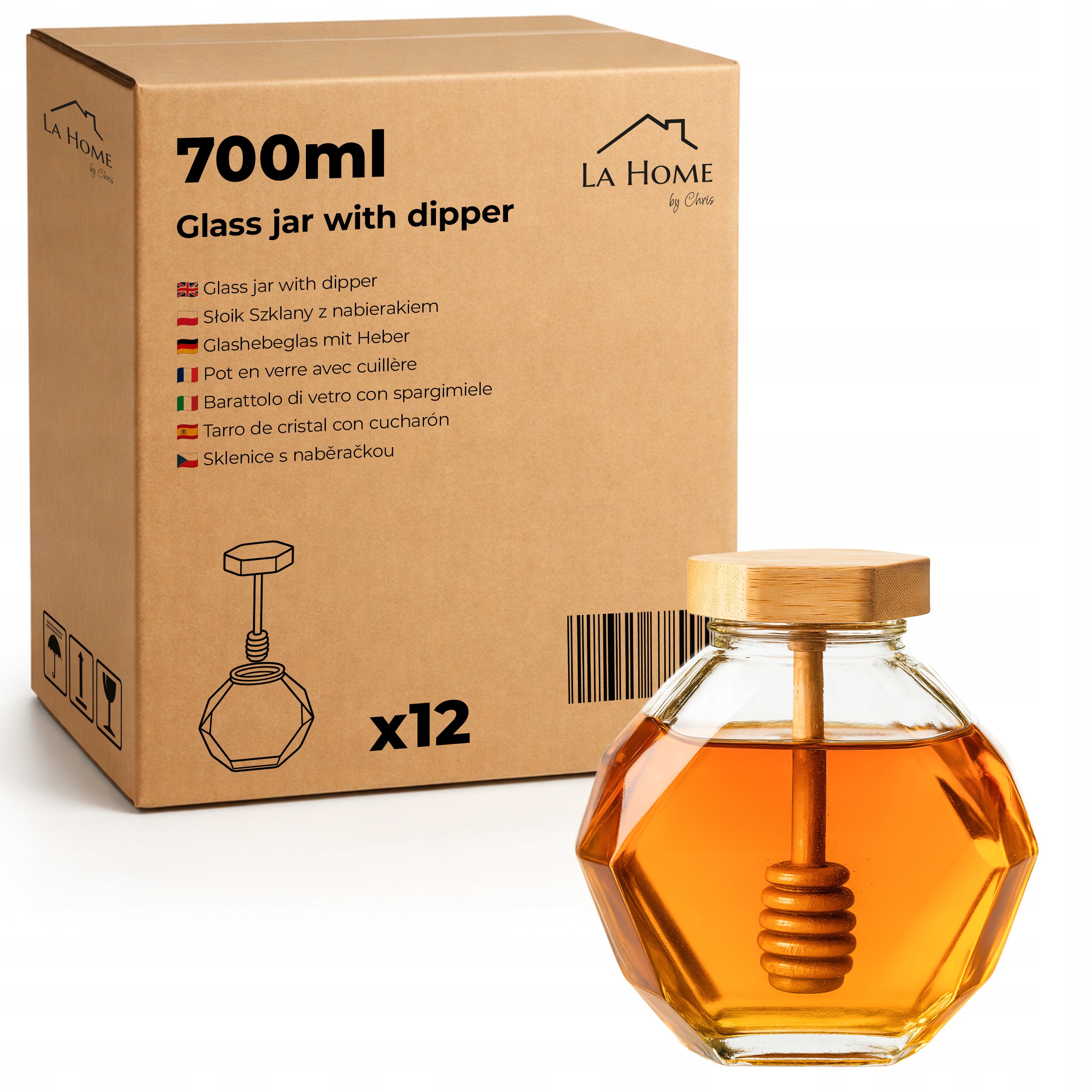 12 x Skleněná Zavařovací Sklenice na med 700 ml s naběračkou a ozdobným diamantem