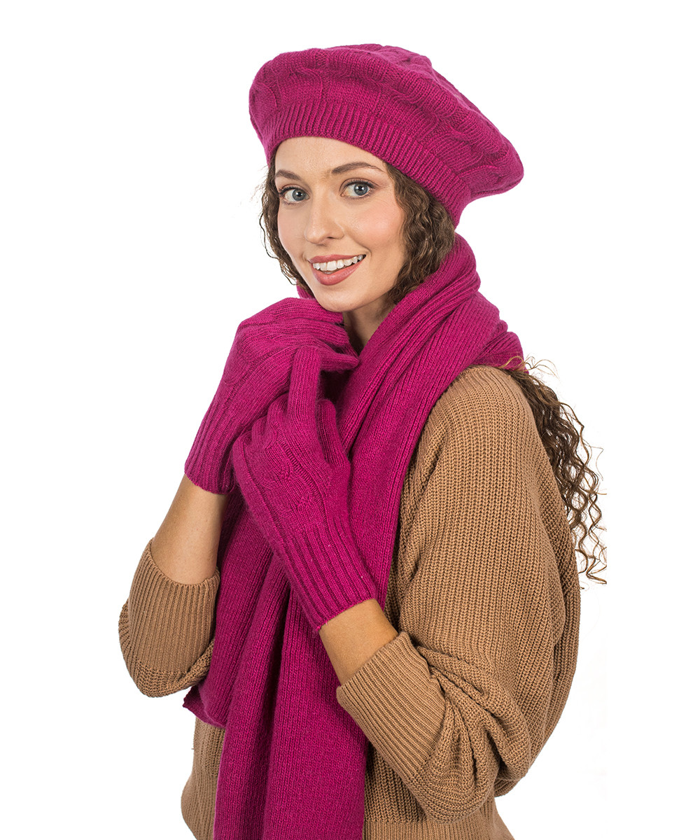 Dámská Sada: Baret, Šála a Rukavice 3v1 Teplá Zimní Stylová Fuchsia