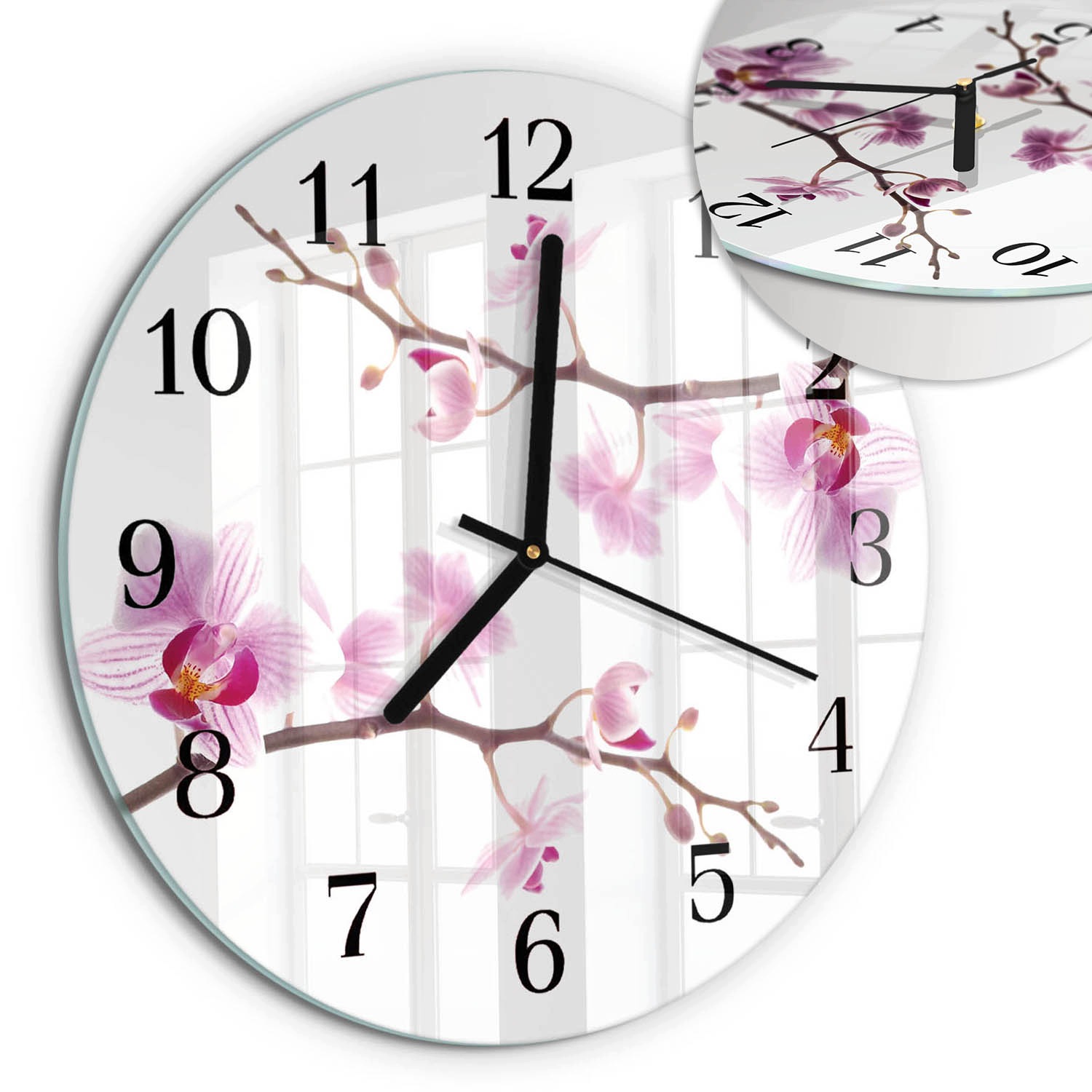 Skleněné nástěnné hodiny pro moderní interiéry S Potiskem Orchidej fi30 cm