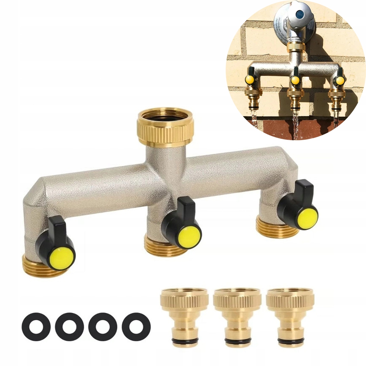 Rozdzielacz 3 Drogi Do Kranu Węże Ogrodowe 3/4 Cala Zawory Mosiężne