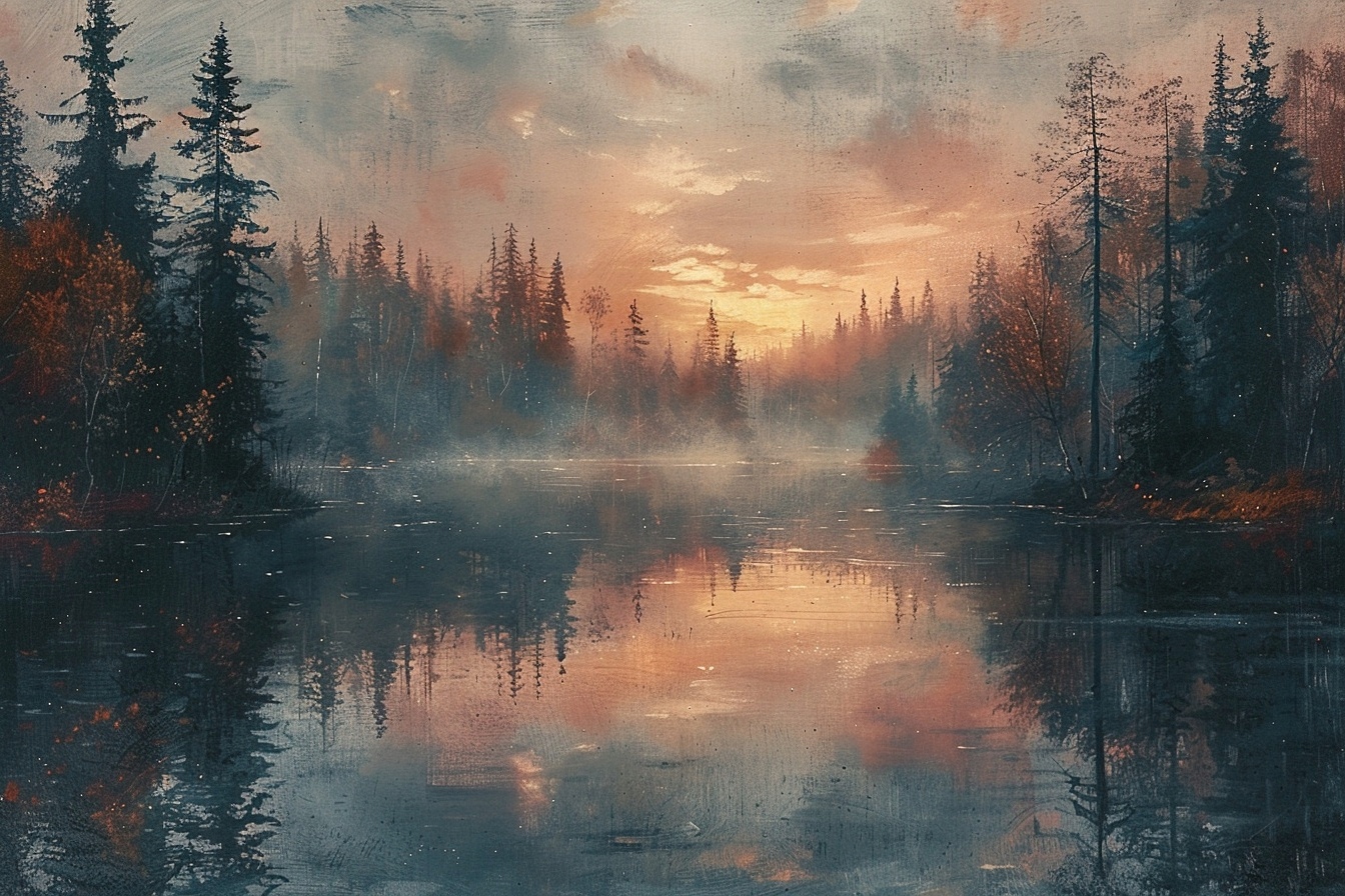 Obraz Na Plátně Canvas Krajina Stromy Jezero Mlha Západ Večer 120x80