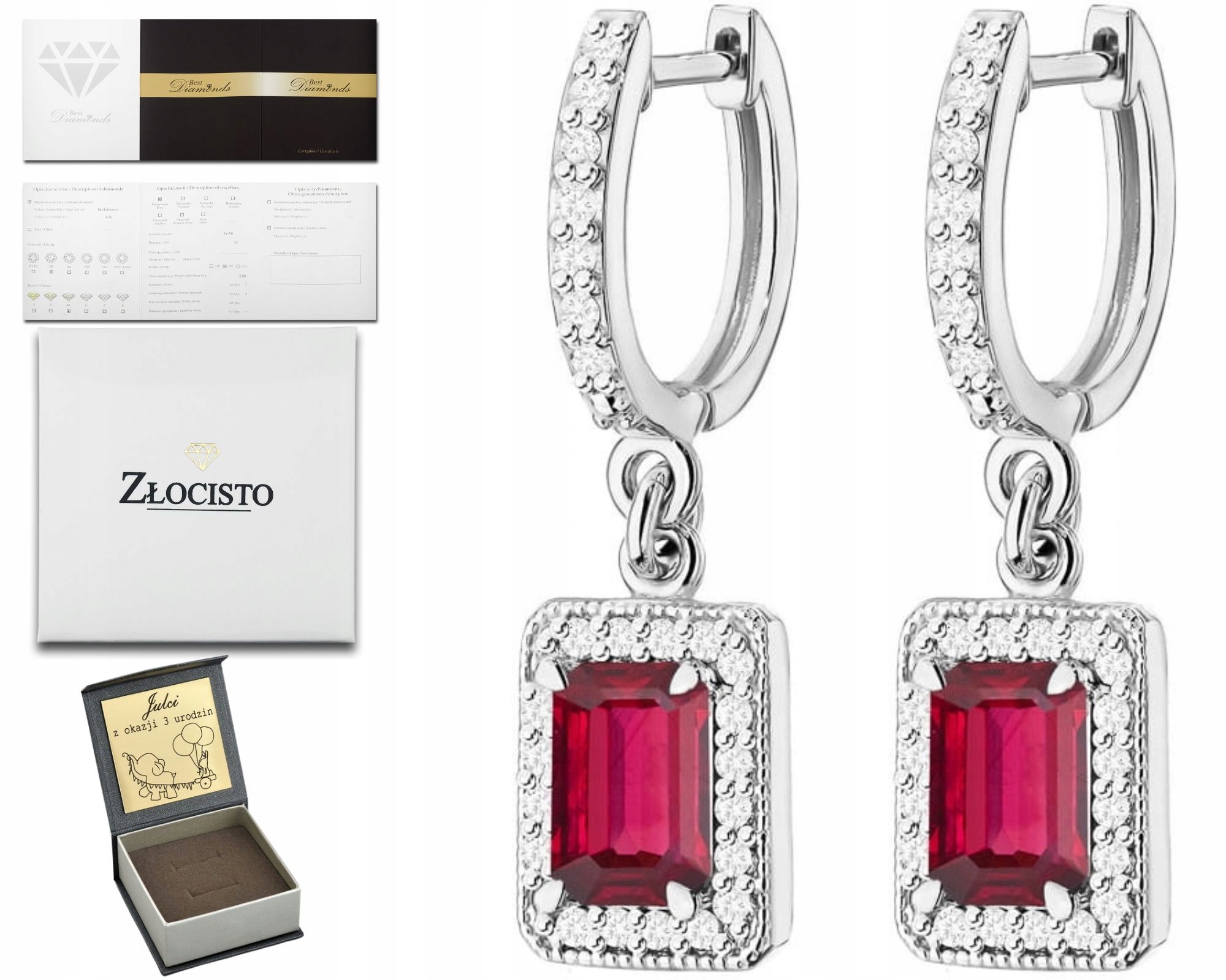 Náušnice Závěsné S Rubínem Z Bílého Zlata, Brilianty, Diamanty Ryzost 585