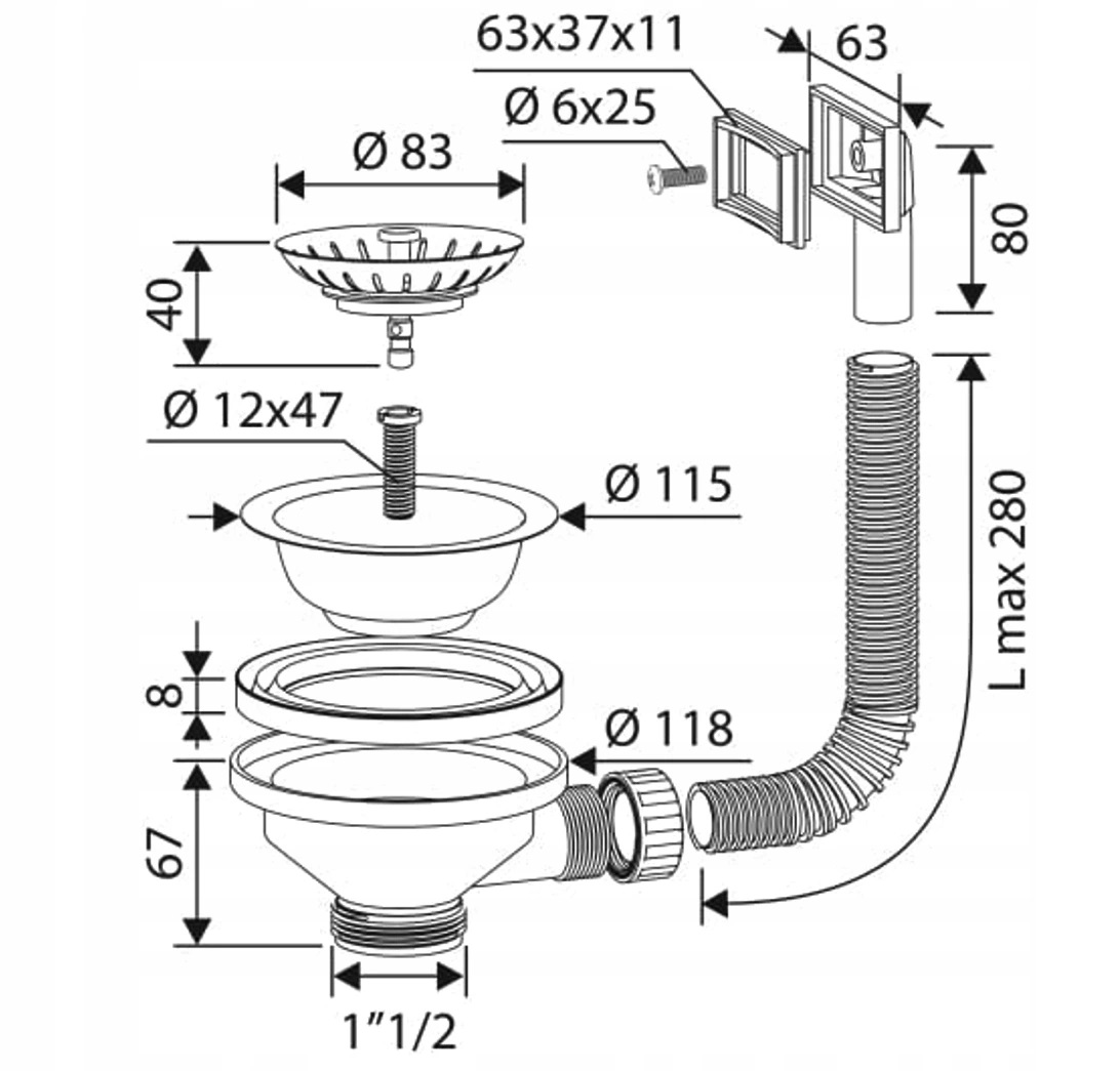 KOREK METALOWY DO ZLEWU ODPŁYW KOSZYK Z PRZELEWEM Marka Gamma
