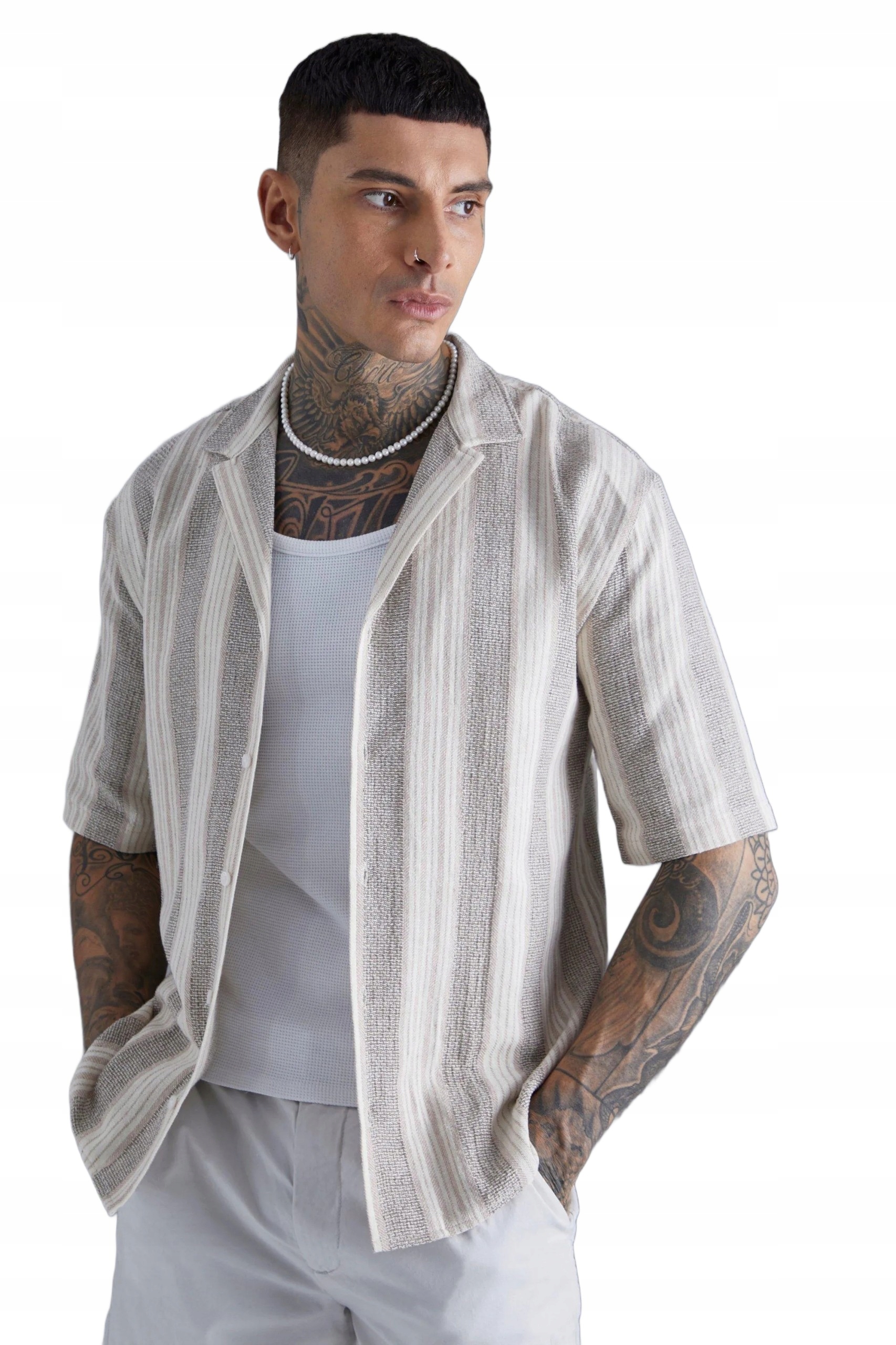 Boohooman Pánská Elegantní Košile Slim Béžové Pruhy Krátký Rukáv M Z3A