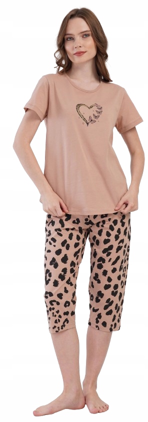 Pyžamo Panterka Tečky Srdce Motýli Béžová Tričko Rybářky S Leopardím Vzorem XXL