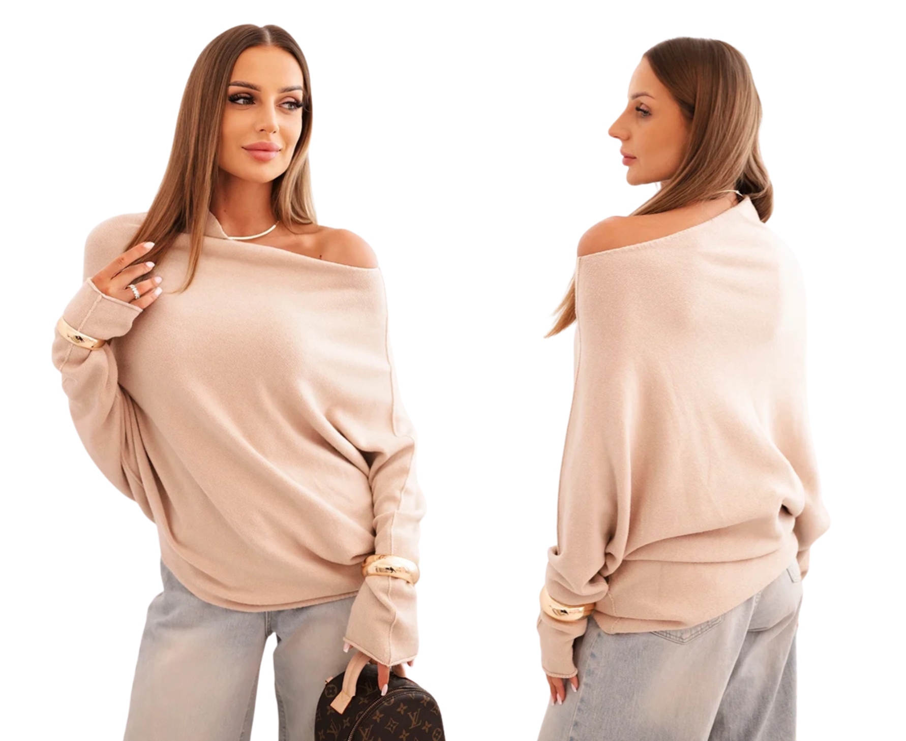 Beżowy sweter damski asymetryczny oversize szerokim dekoltem