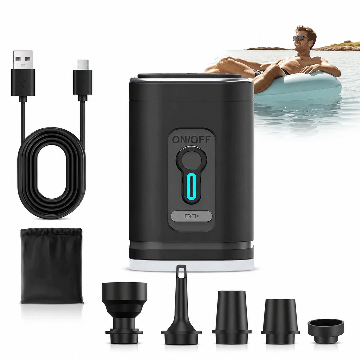 Przenośna Pompka Elektryczna Usb-c 1200mAh–Do Materacy i Zabawek z Latarką