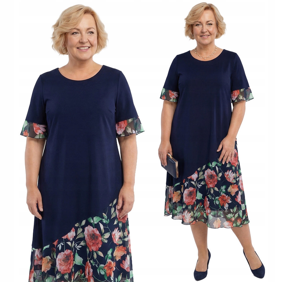 Šaty s modrým spodním dílem a červenými květy plus size velikost 58