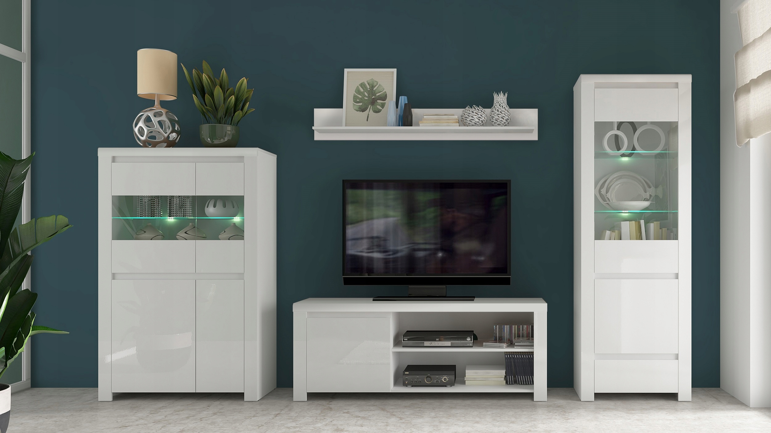 NISKA BIAŁA WITRYNA SZKLANA LINGO KOMODA SZAFKA Szerokość mebla 98 cm