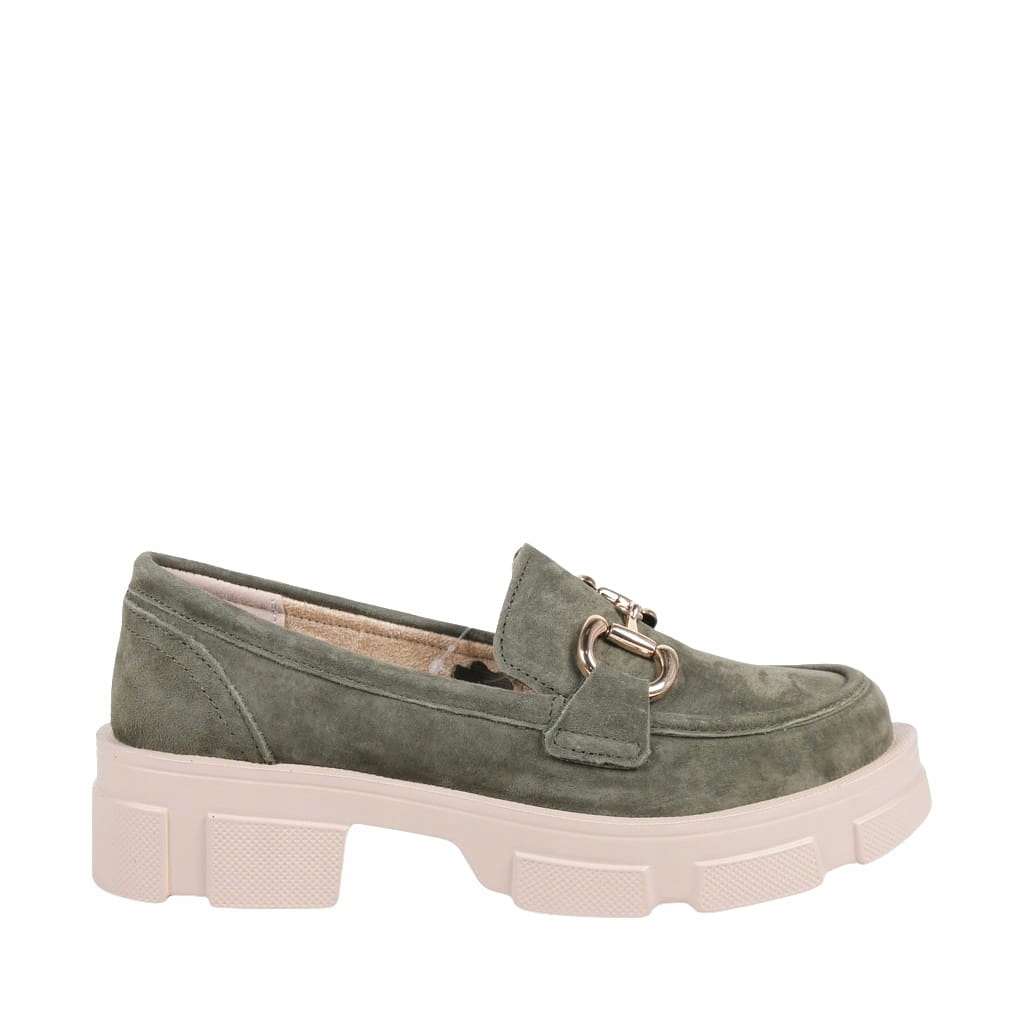 LOAFERSY KHAKI Z KLAMRĄ MOKASYNY NA PLATFORMIE SKÓRA GRUBA PODESZWA ZIELONE Kolor zielony