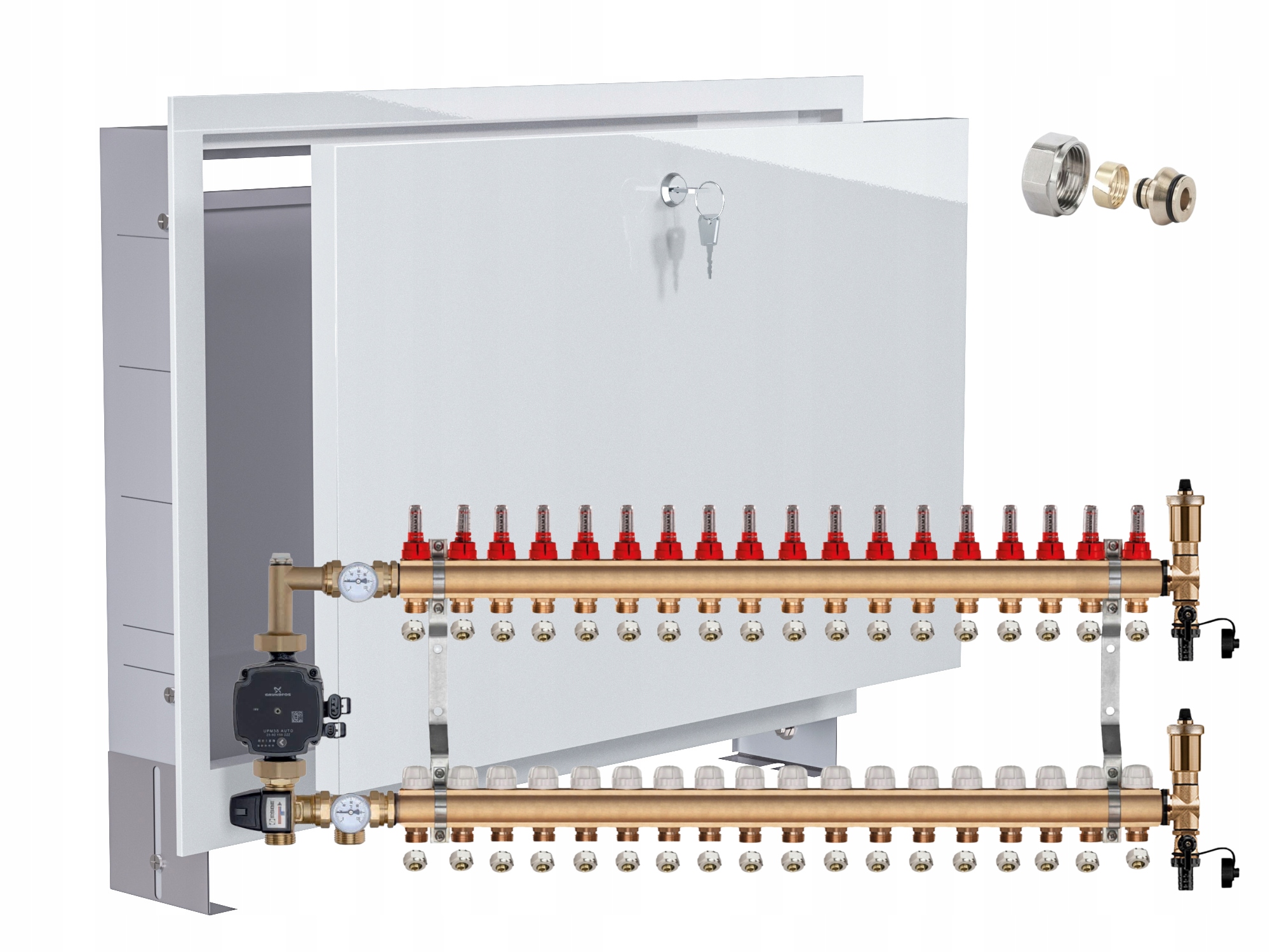 Mosazný Rozdělovač Podlahovky 18 S Čerpadlem Grundfos+podomítková Skříňka+pex