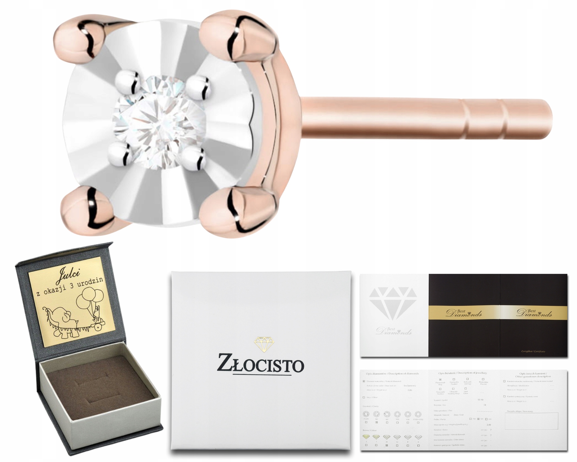 Růžové Zlato Náušnice Jednoduché Diamant Briliant Certifikát 585