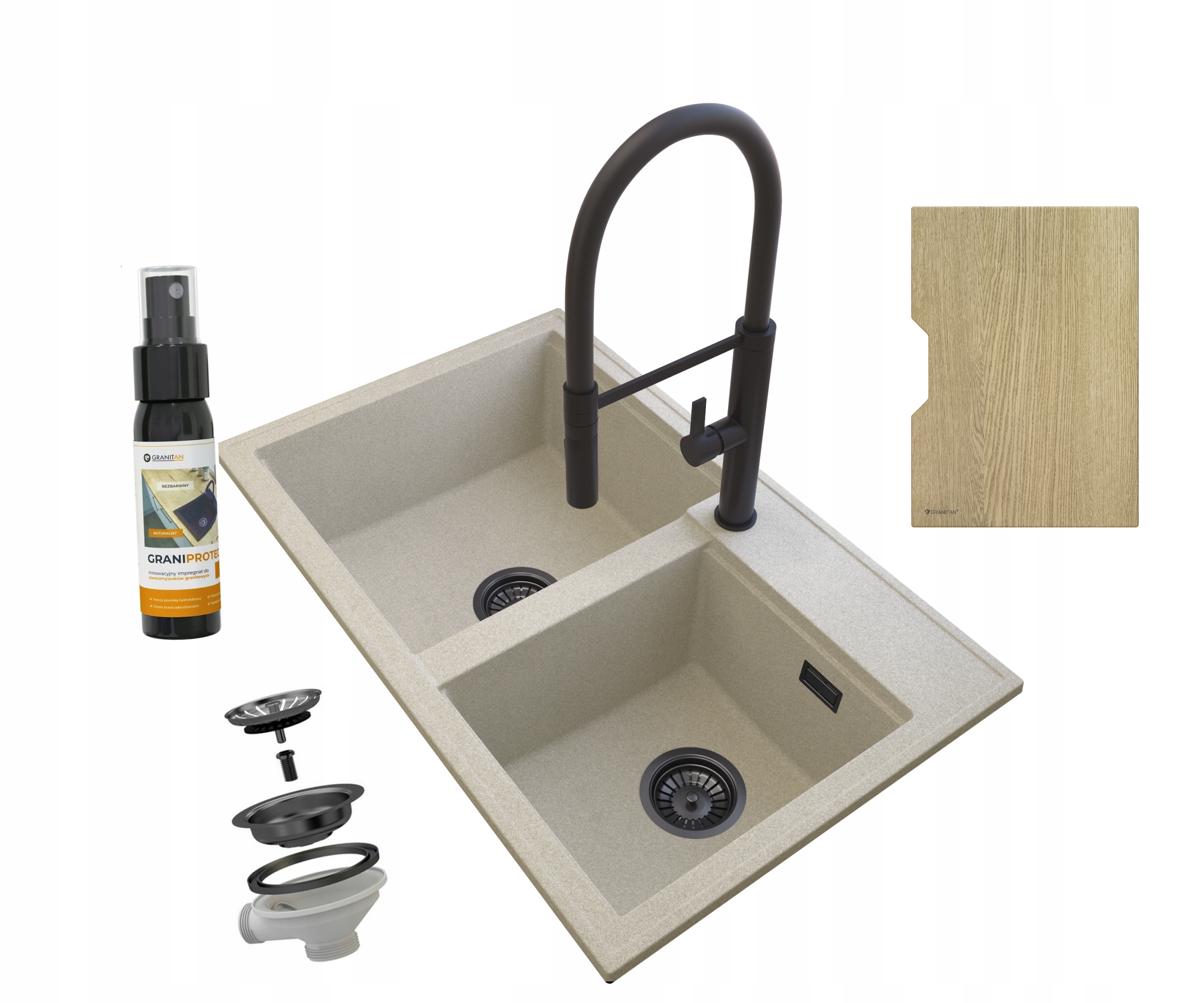 Granitový Drez Béžový Hektor Batéria Sifón Čierna