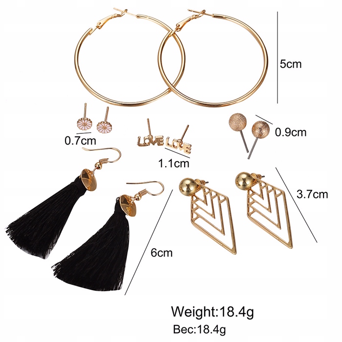 Kolczyki, Frędzle, Chwosty, Czarne, Złote 6 par Marka Inna marka