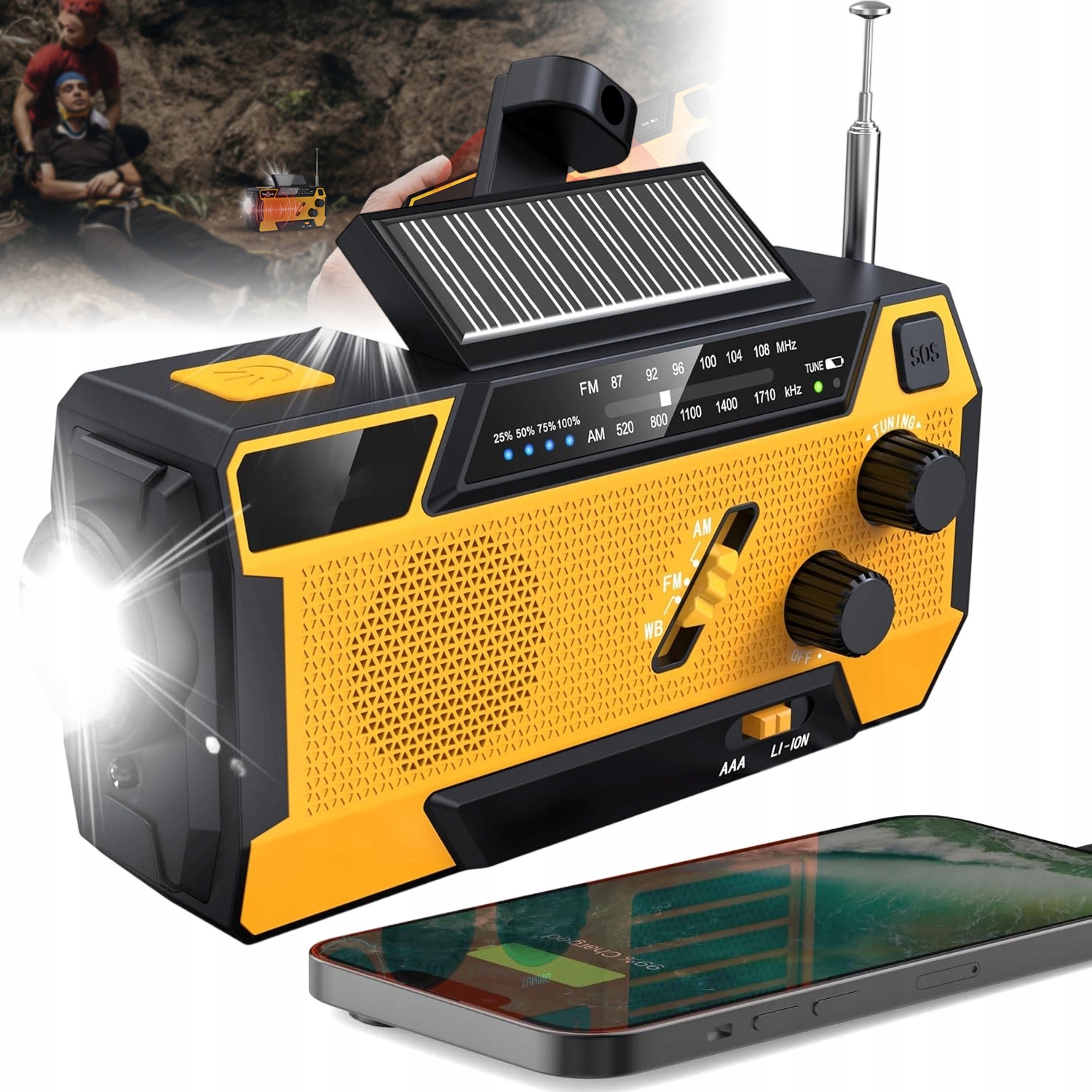 Přenosné Nouzové Solární Rádio A Alarmová Svítilna 2000MAH Klika Dynamo Omáčka