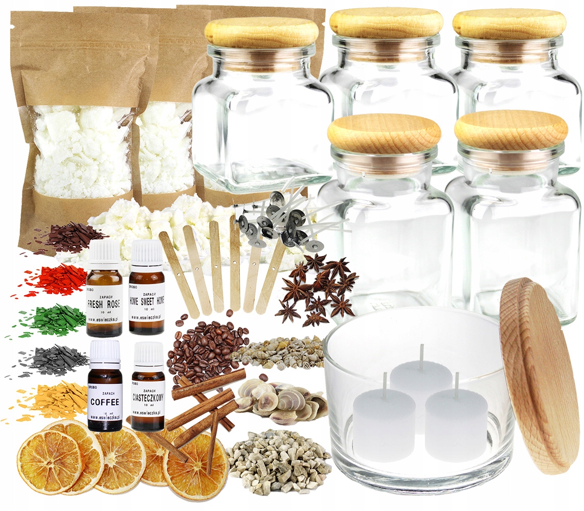 Velká sada na výrobu sójových svíček sklenice s dřevěným víkem