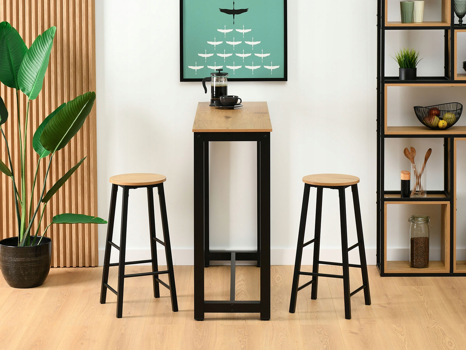 STYLOWA WYSPA KUCHENNA Z DWOMA HOKERAMI REMI DĄB PODSTAWA METALOWA CZARNY Minimalna wysokość siedziska 70 cm