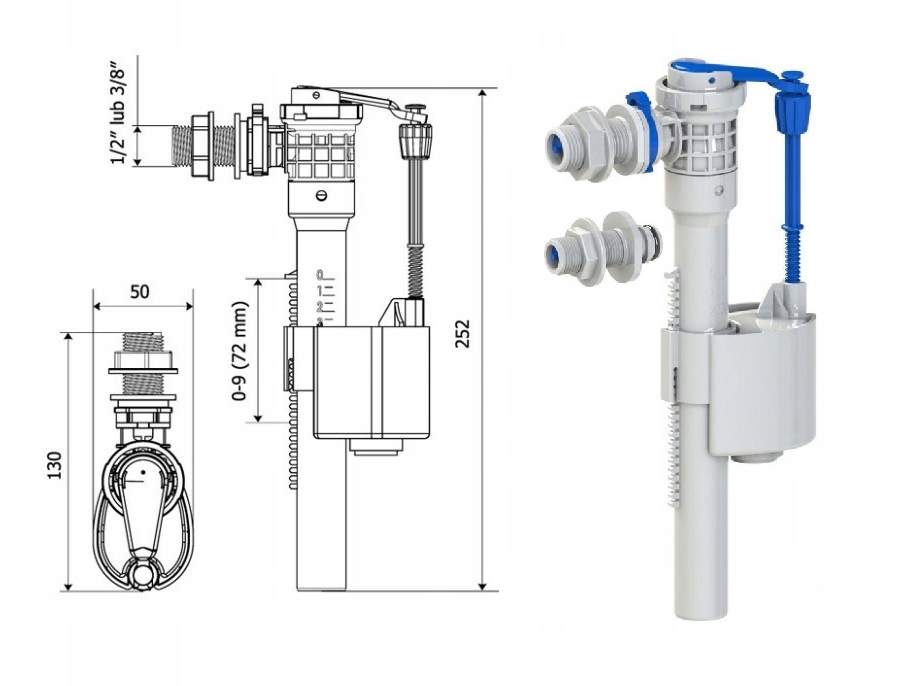 Zawór napełniający 3/8, 1/2 do spłuczki ZN3/124 Kod producenta ZN3/124