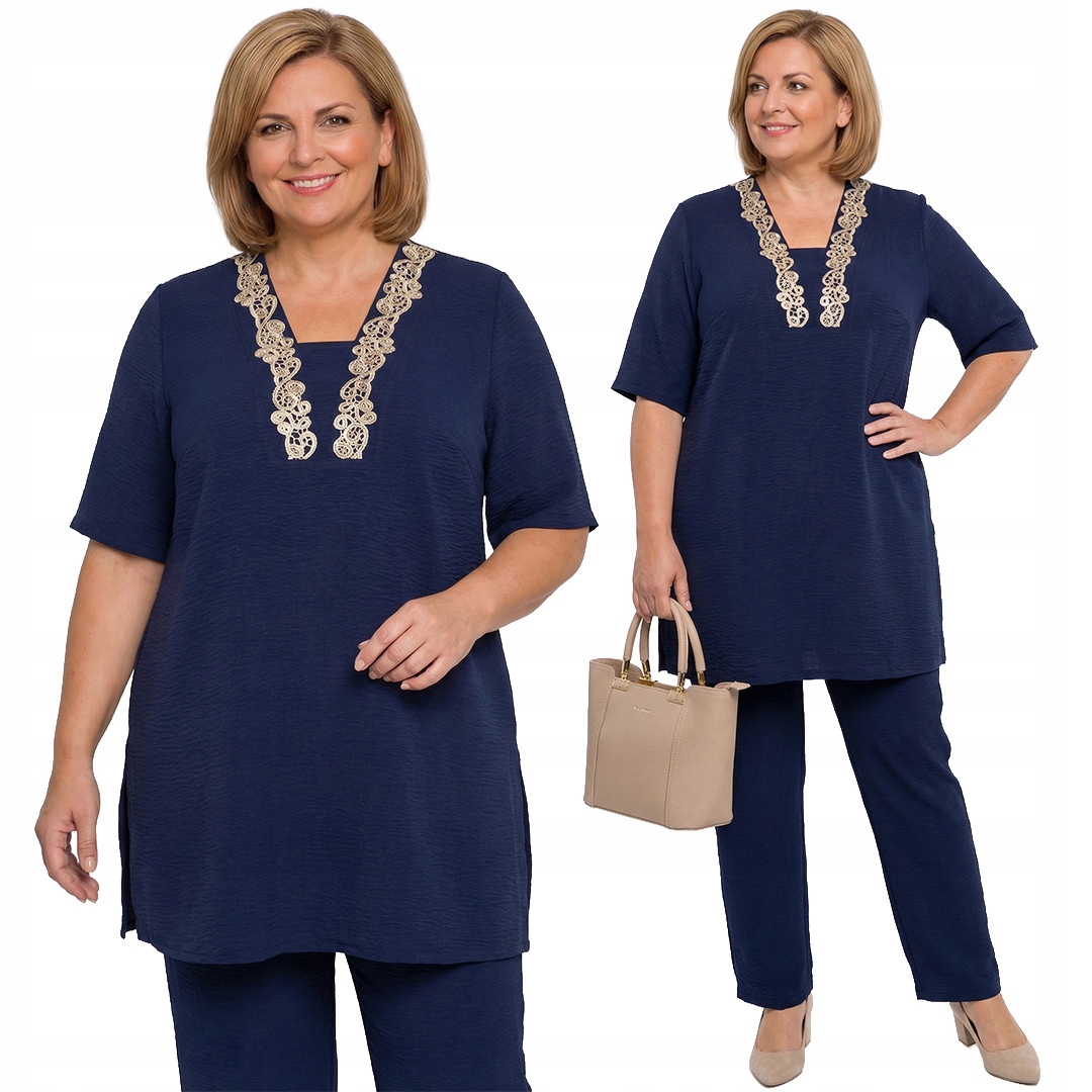 Tmavě modrá tunika s zlatou výšivkou u výstřihu plus size velikost 60