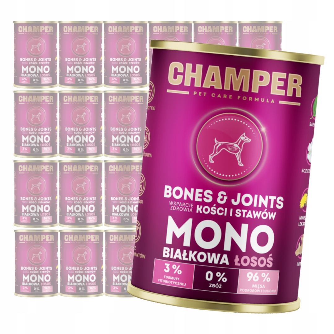 Levně Champer Bones & Joints 24x400g Monoproteinové Vlhké Krmivo pro psy s lososem