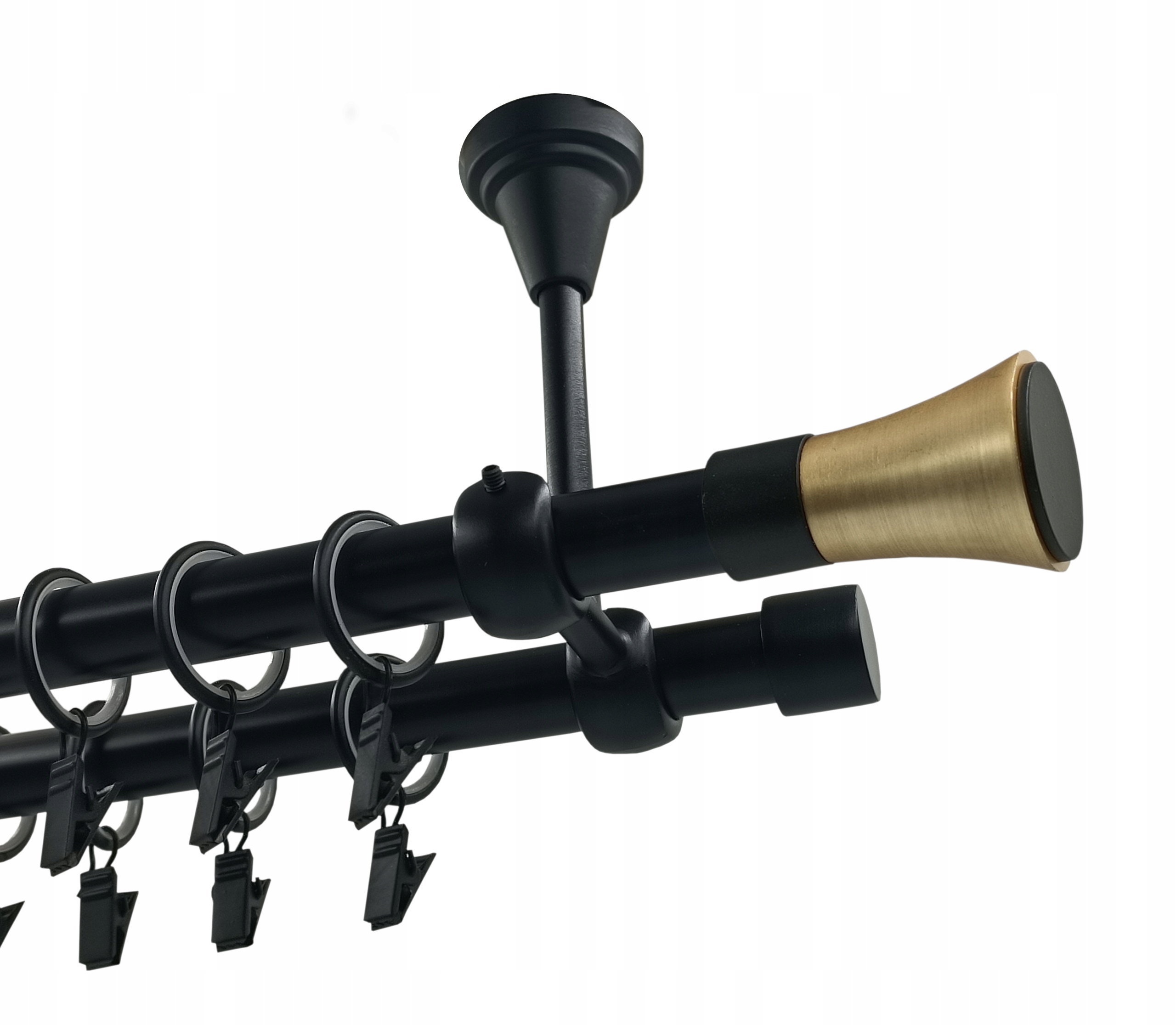 Garnýž dvojitá Kovový Stropní kartáč 19+19 Černý Mat 200 cm Trapez Black&gold