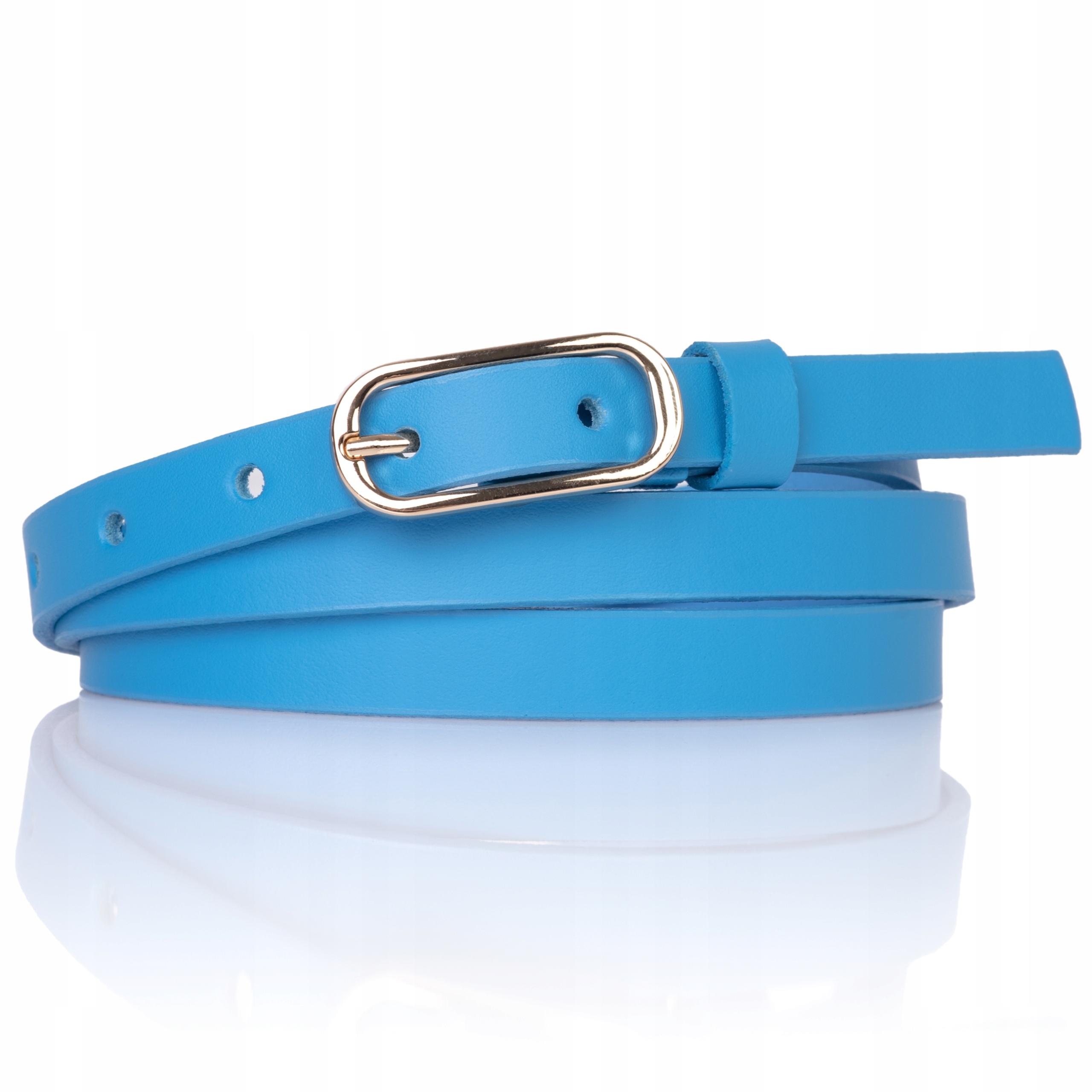 

Pasek skórzany Błękitny wąski Złota Klamra cienki