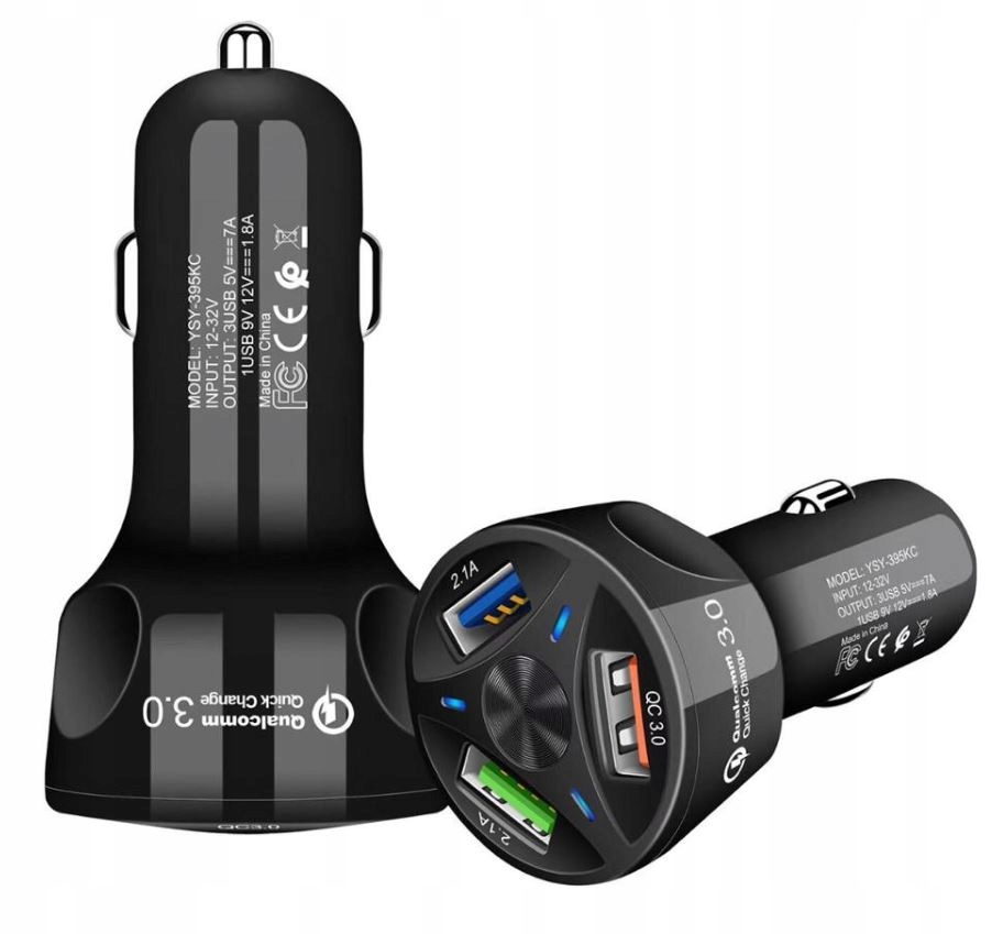 3A ŁADOWARKA SAMOCHODOWA USB QUICK CHARGE 3.0 LED Złącza USB