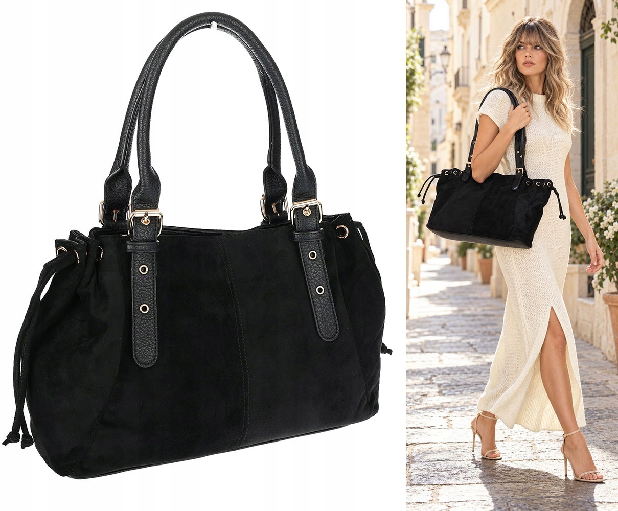Dámská kabelka Semišová Shopper Kufřík Prostorná Elegantní taška AM47 Černá